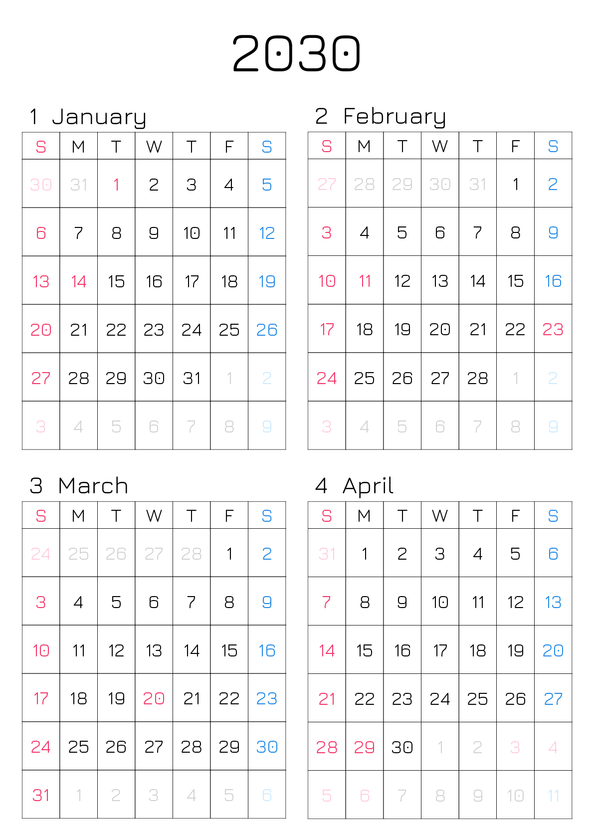 A判（A4,A5 など）,縦向き,４ヶ月,日曜始まり