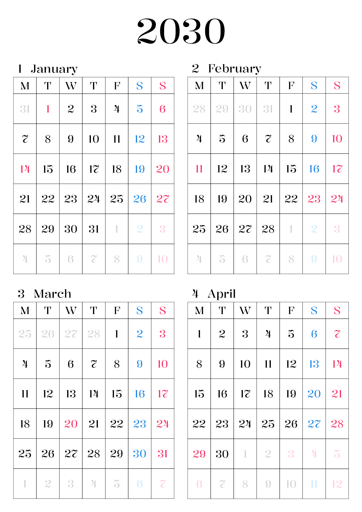 A判（A4,A5 など）,縦向き,４ヶ月,月曜始まり