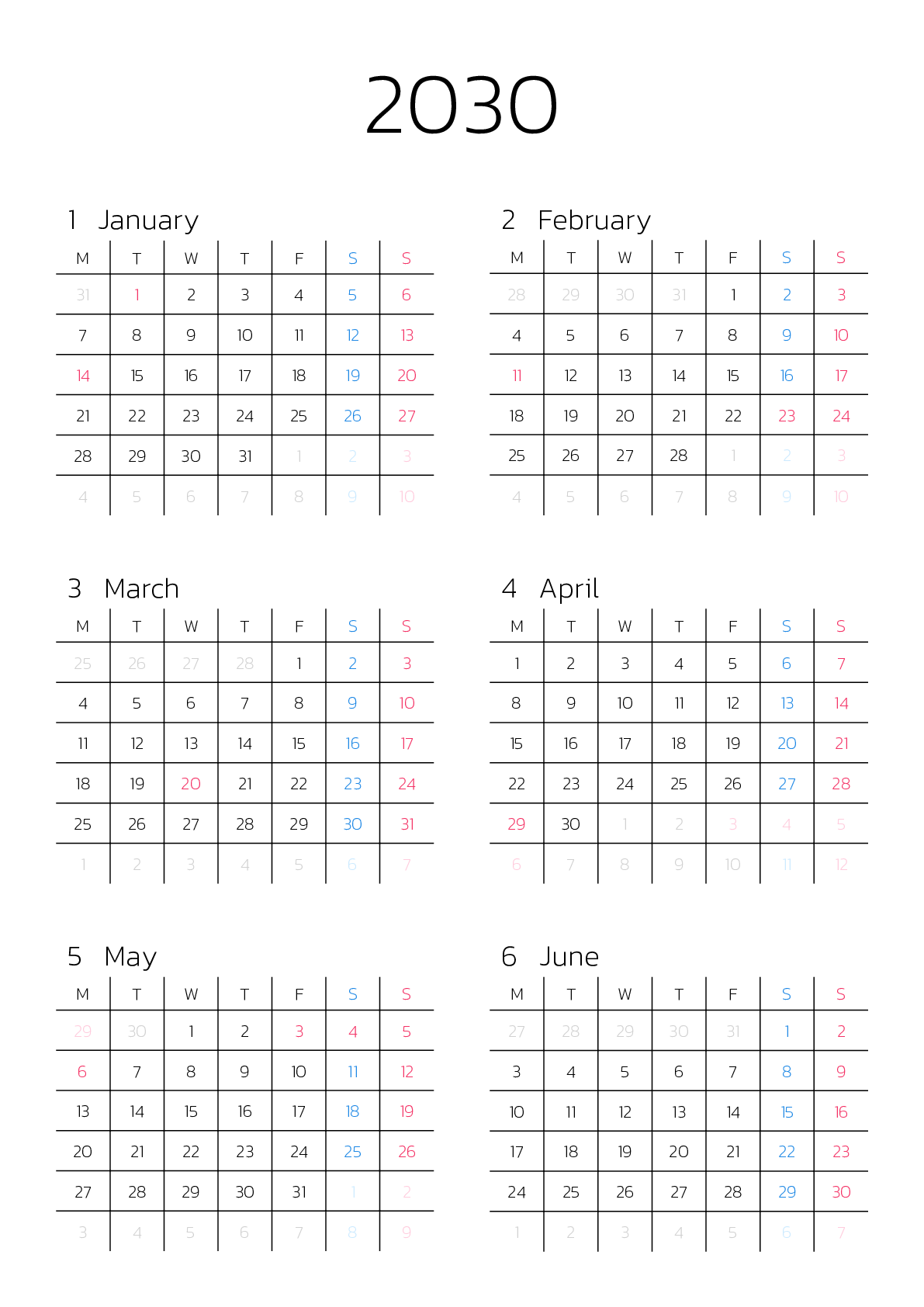 A判（A4,A5 など）,縦向き,６ヶ月,月曜始まり