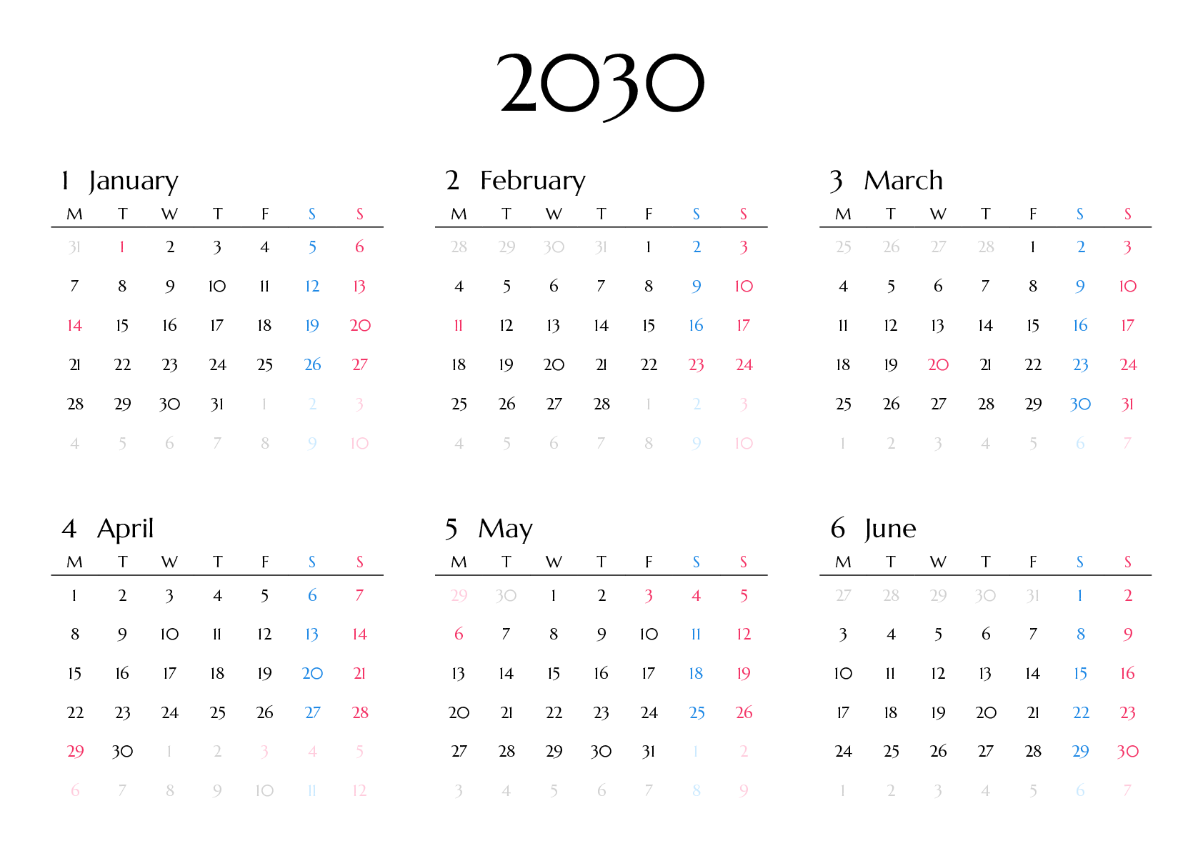 A判（A4,A5 など）,横向き,６ヶ月,月曜始まり