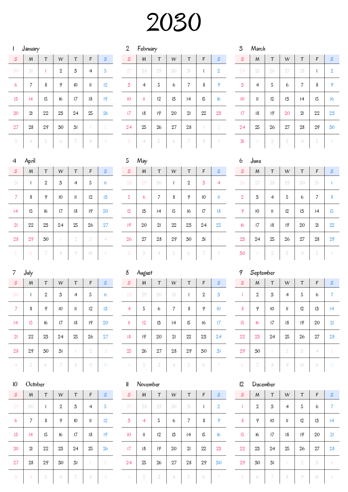 A判（A4,A5 など）,縦向き,１年,日曜始まり