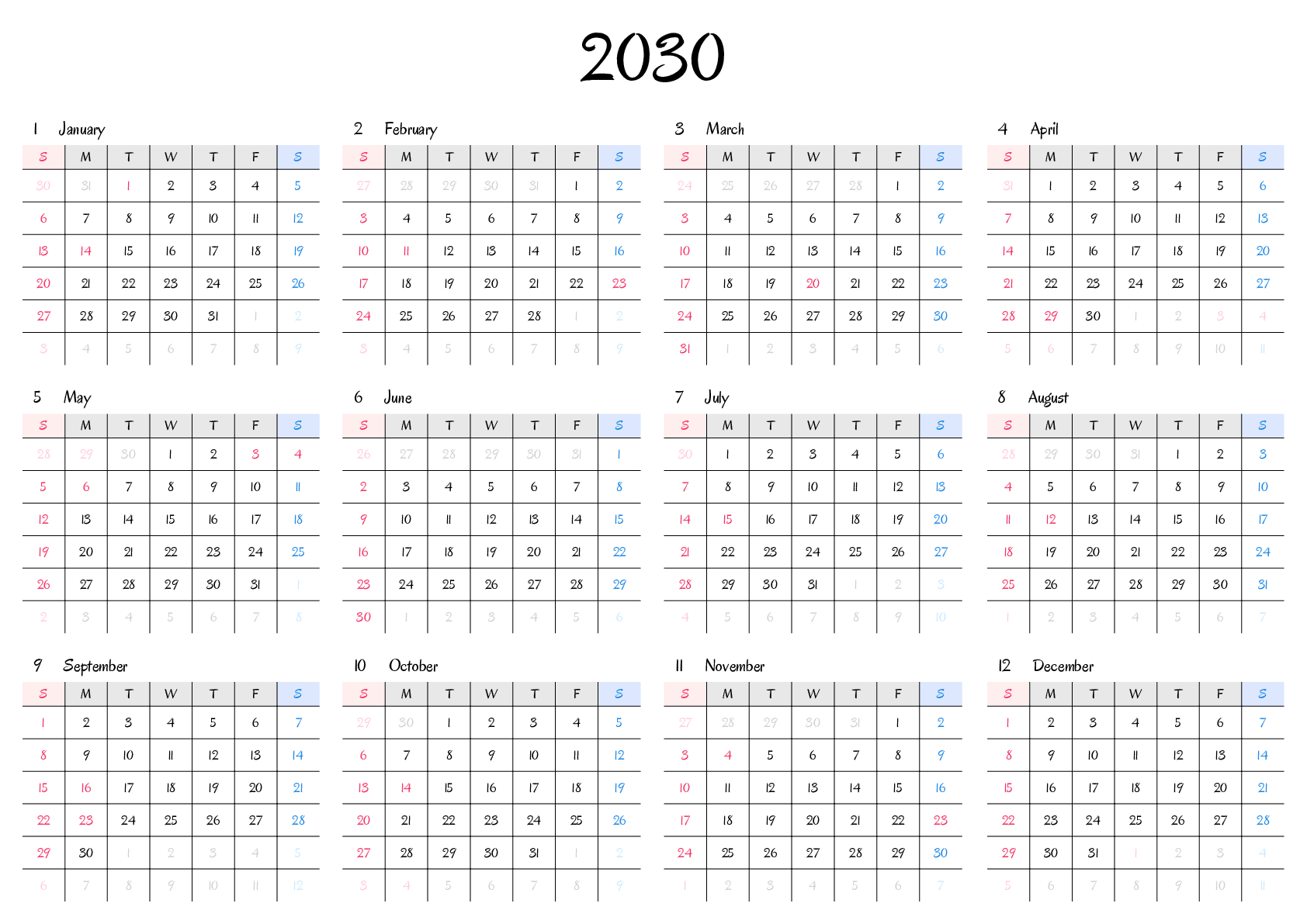A判（A4,A5 など）,横向き,１年,日曜始まり