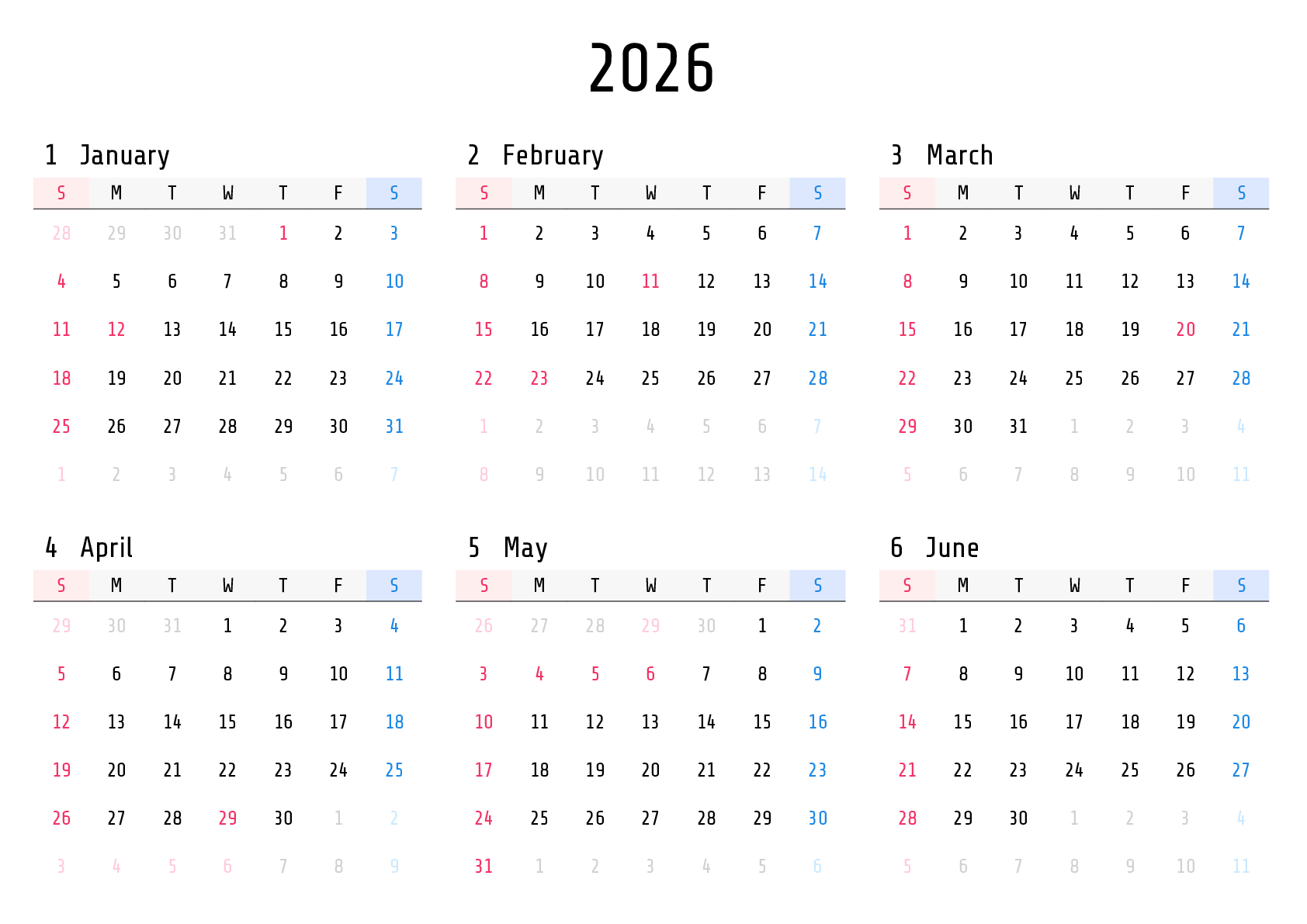 A判（A4,A5 など）,横向き,６ヶ月,日曜始まり