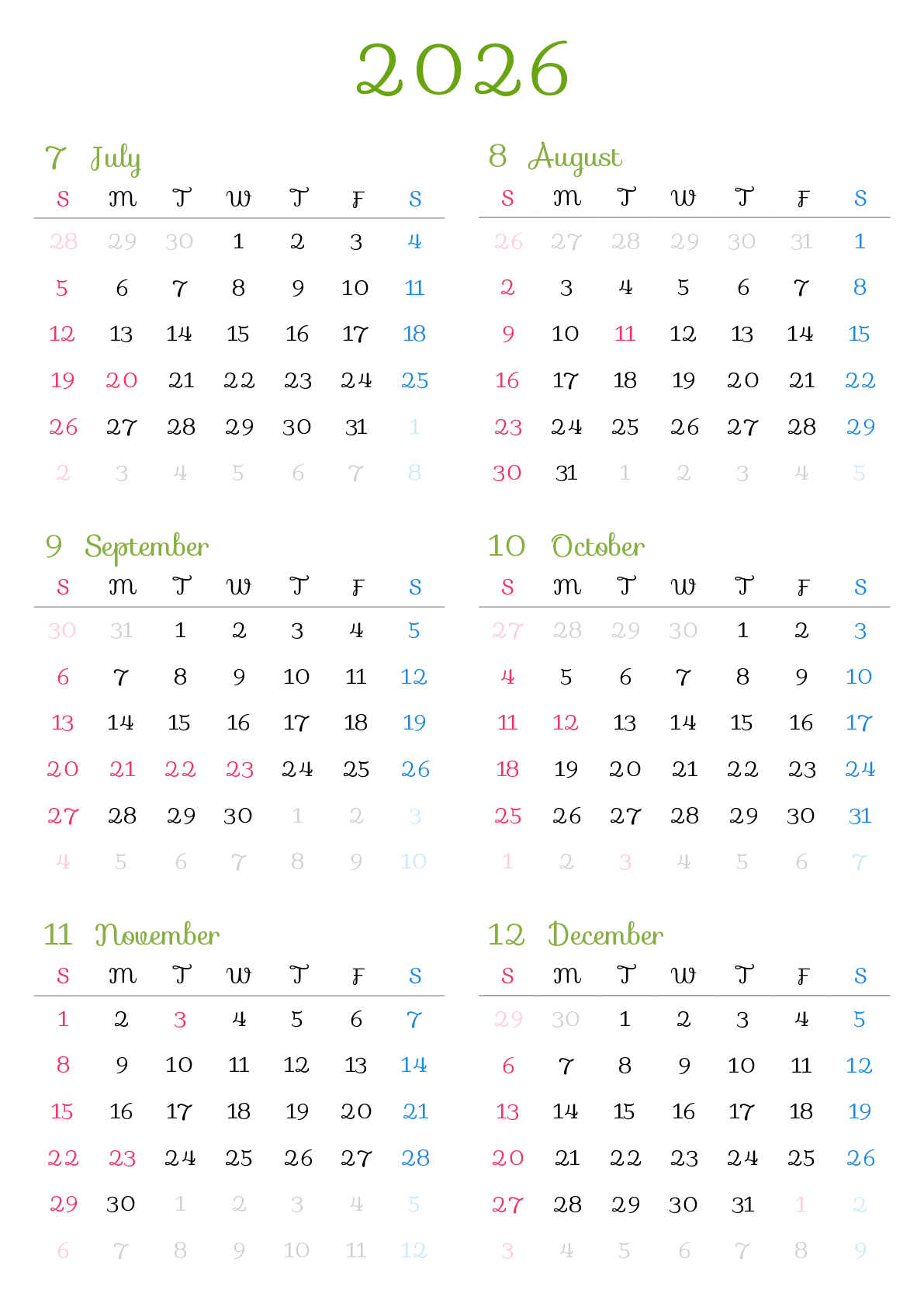 A判（A4,A5 など）,縦向き,６ヶ月,日曜始まり