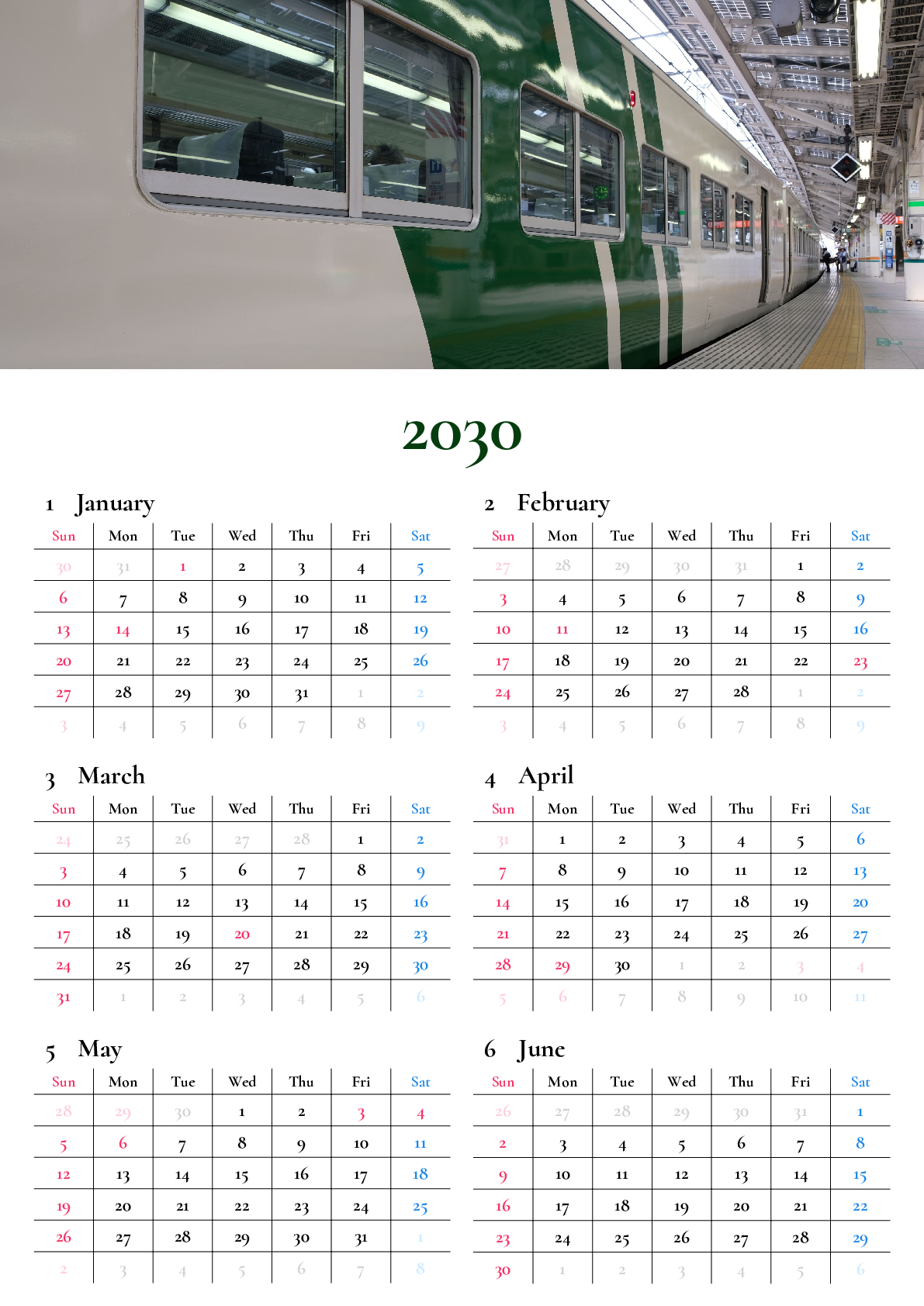 A判（A4,A5 など）,縦向き,６ヶ月,日曜始まり,写真入り