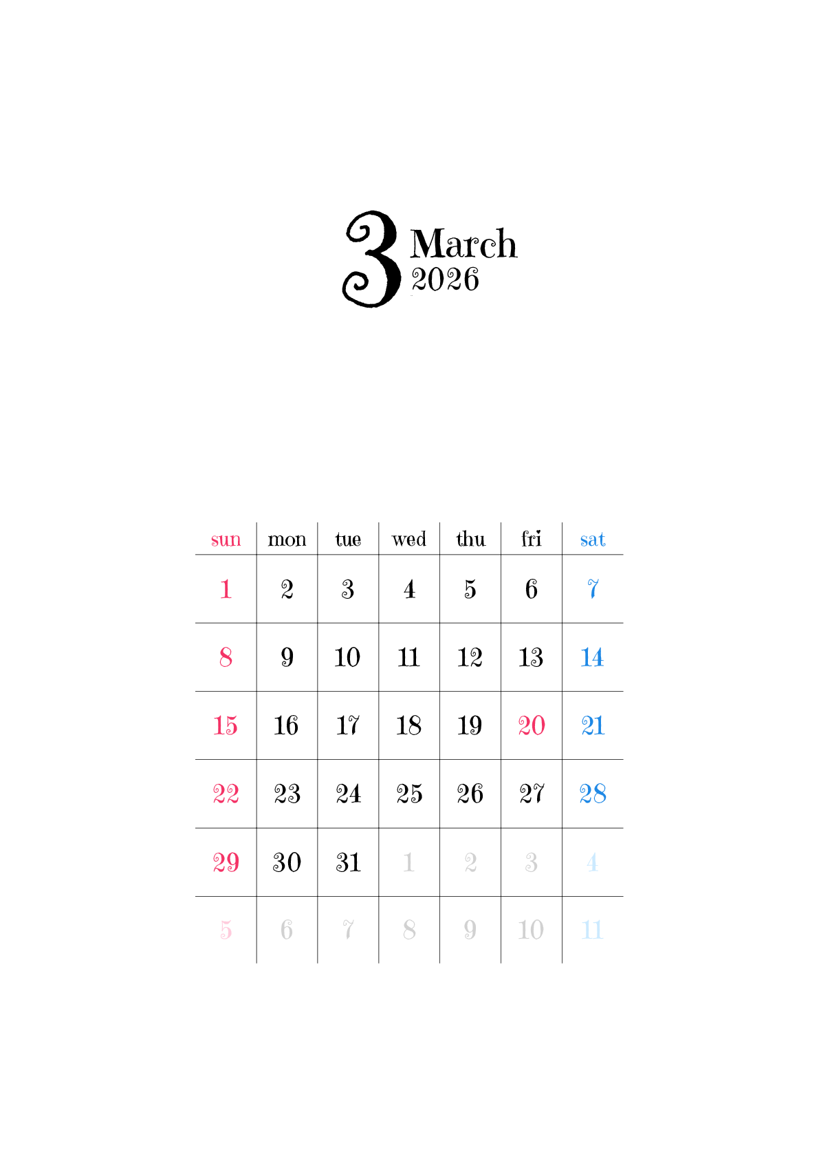 A判（A4,A5 など）,縦向き,１ヶ月,日曜始まり,祝日名,六曜,節季,月齢,満月新月入り