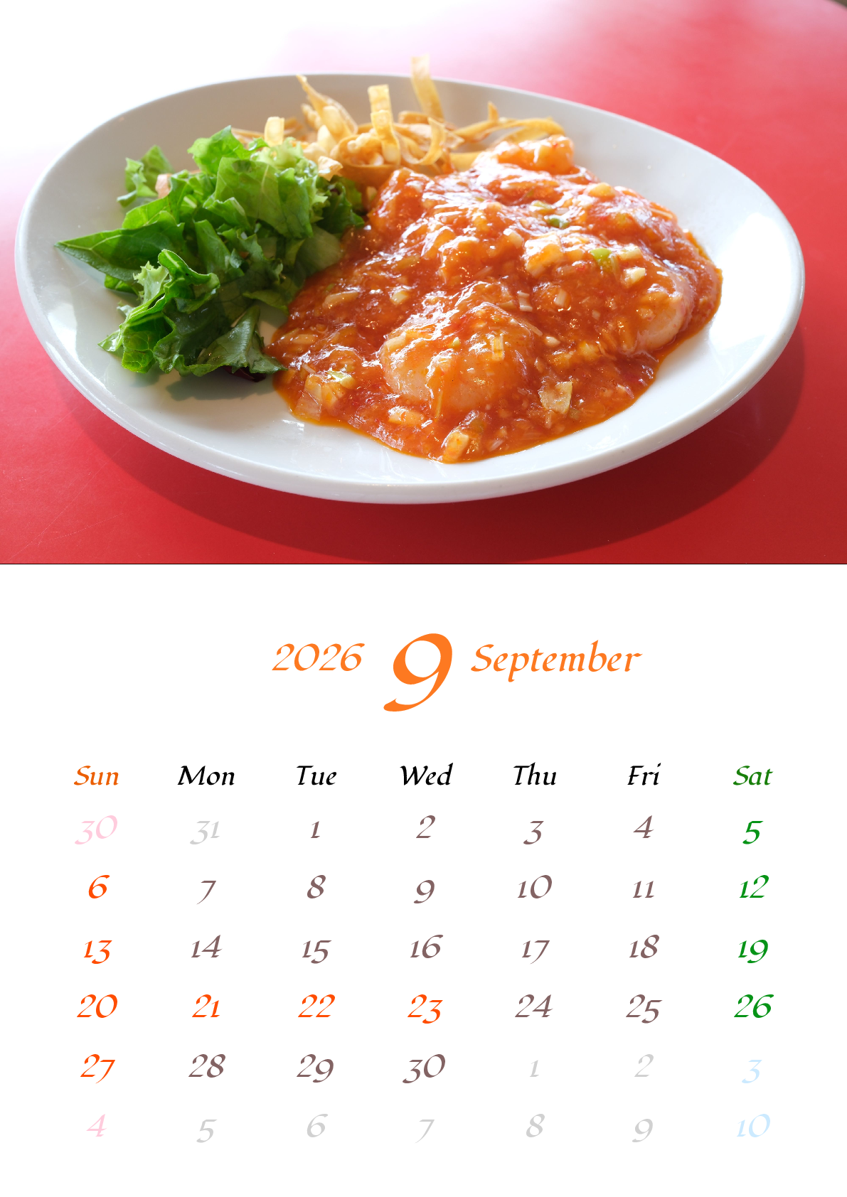 A判（A4,A5 など）,縦向き,１ヶ月,日曜始まり,祝日名,六曜,節季,月齢,満月新月入り,写真入り