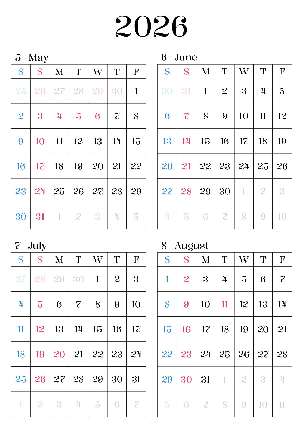 A判（A4,A5 など）,縦向き,４ヶ月,土曜始まり
