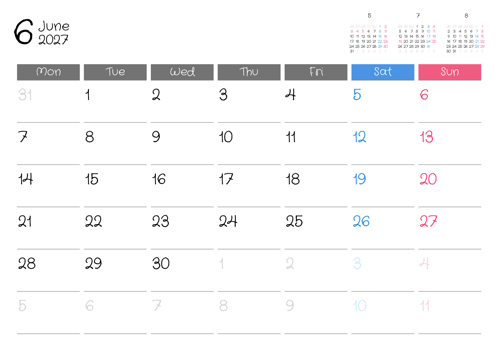 A判（A4,A5 など）,横向き,１ヶ月,月曜始まり,祝日名入り
