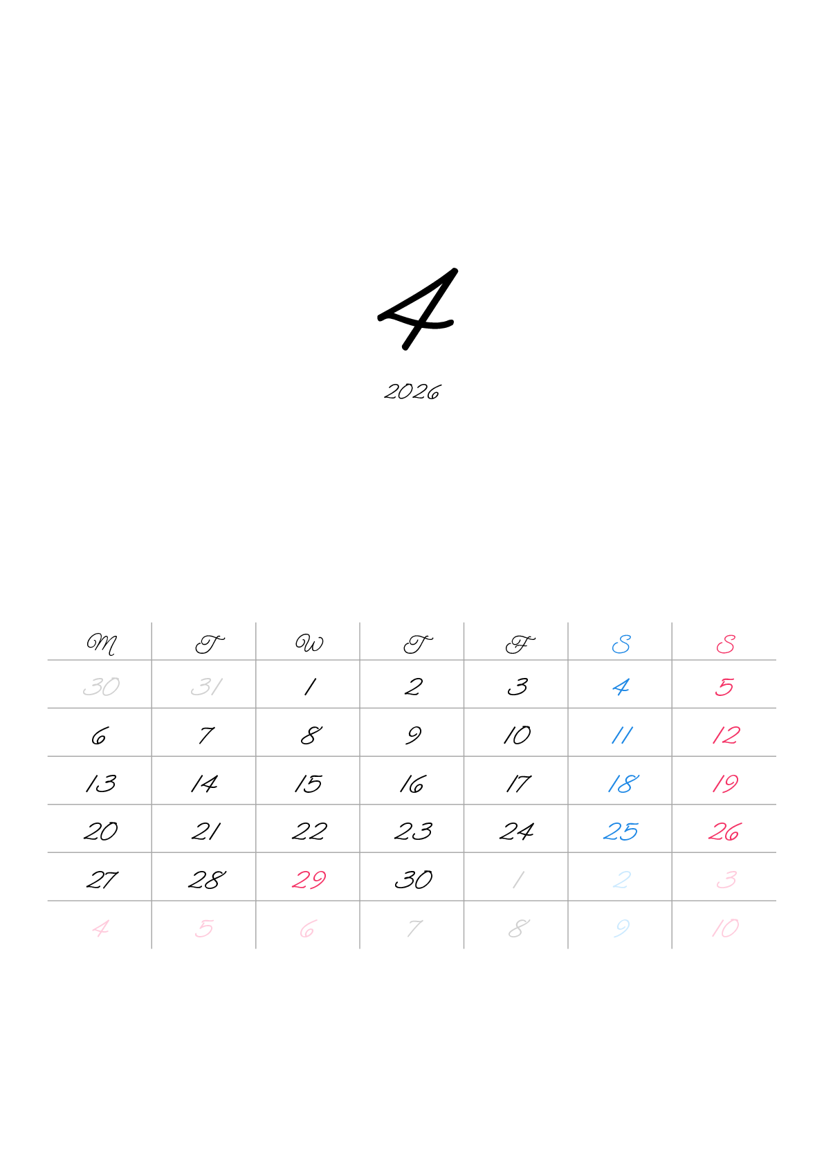 A判（A4,A5 など）,縦向き,１ヶ月,月曜始まり,祝日名,六曜入り
