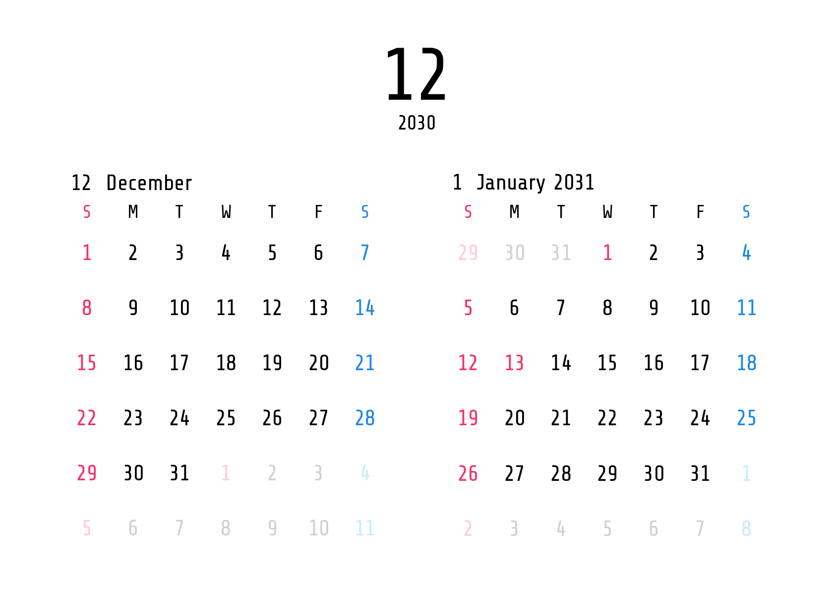 A判（A4,A5 など）,横向き,２ヶ月,日曜始まり