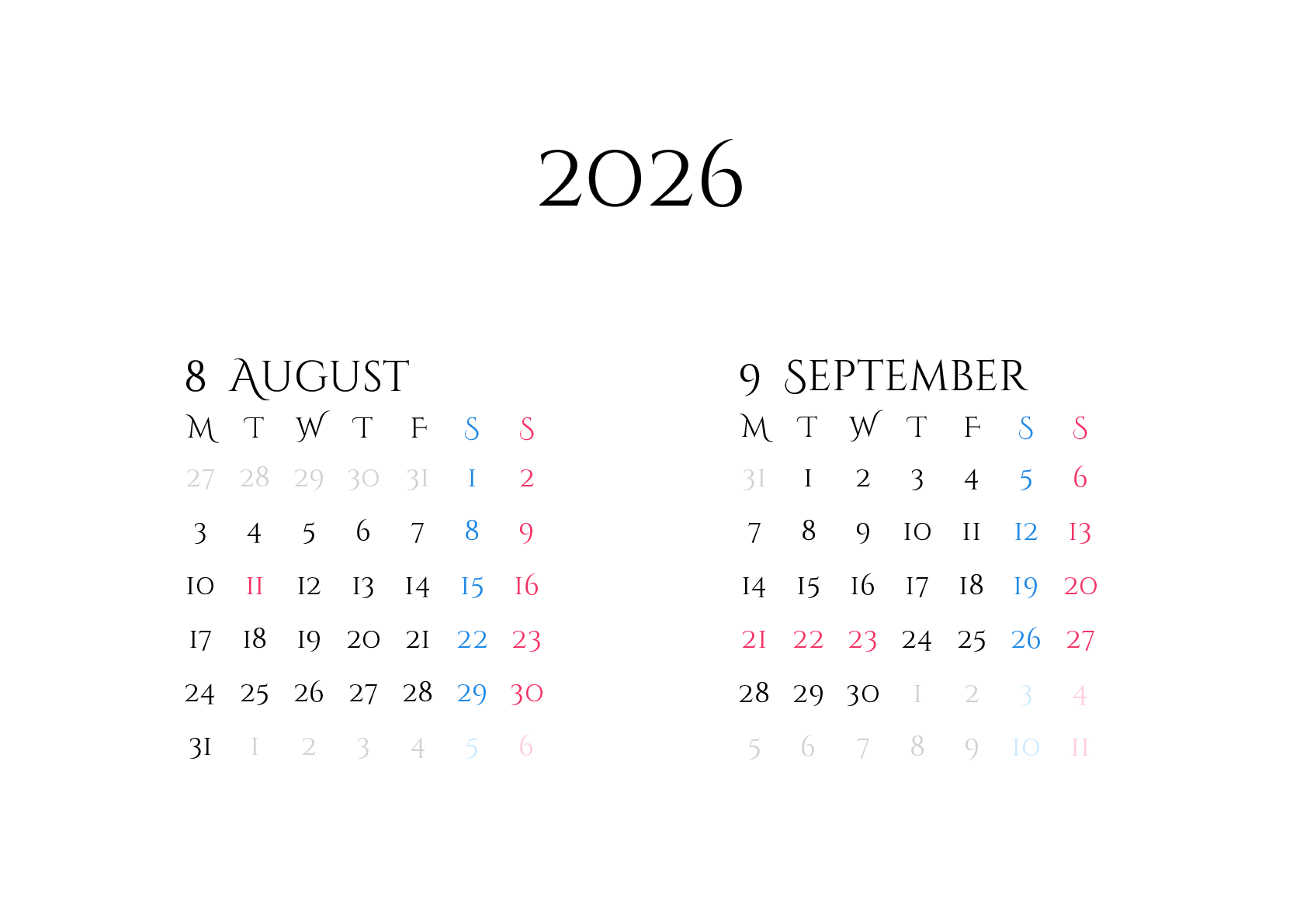 A判（A4,A5 など）,横向き,２ヶ月,月曜始まり,祝日名,六曜,節季,月齢,満月新月入り