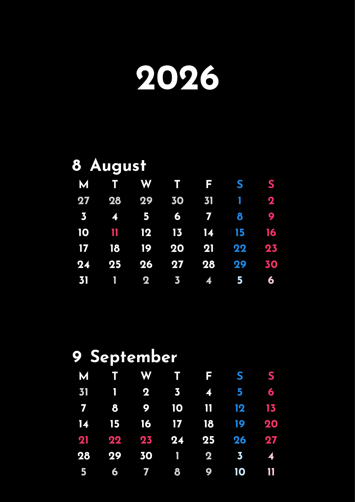 A判（A4,A5 など）,縦向き,２ヶ月,月曜始まり,祝日名,六曜,節季,月齢,満月新月入り,背景色設定