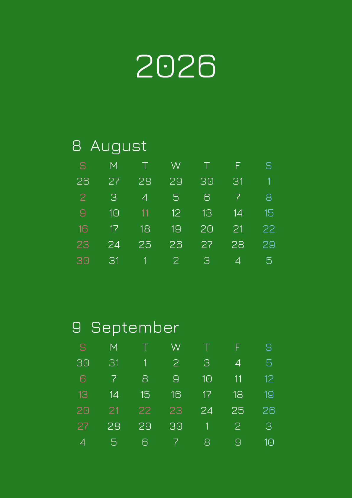 A判（A4,A5 など）,縦向き,２ヶ月,日曜始まり,背景色設定