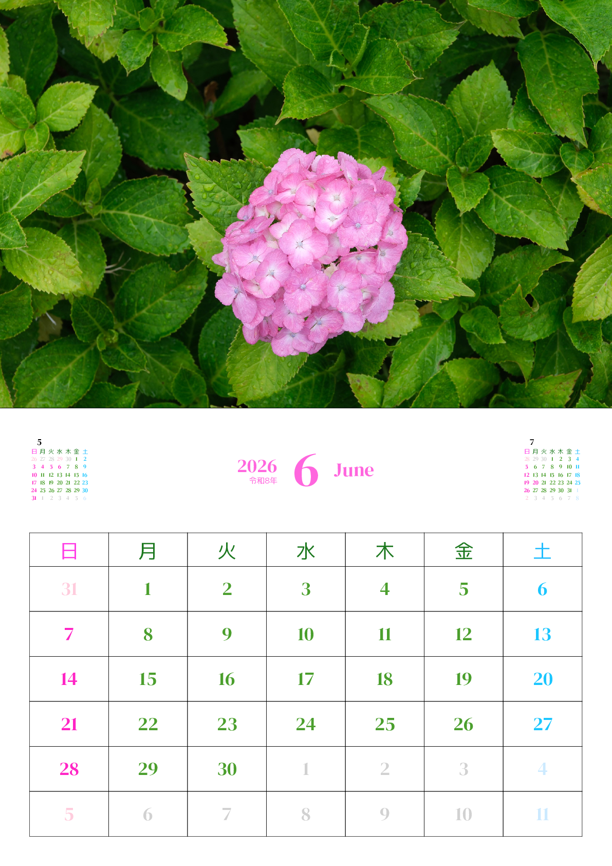 A判（A4,A5 など）,縦向き,１ヶ月,日曜始まり,写真入り