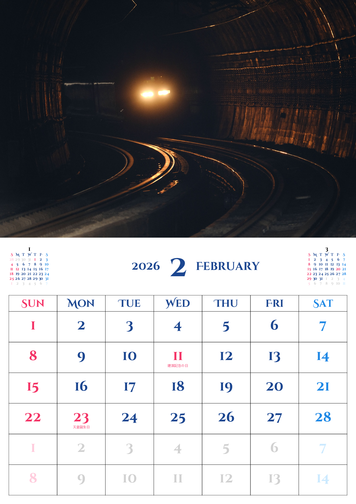 A判（A4,A5 など）,縦向き,１ヶ月,日曜始まり,祝日名入り,写真入り