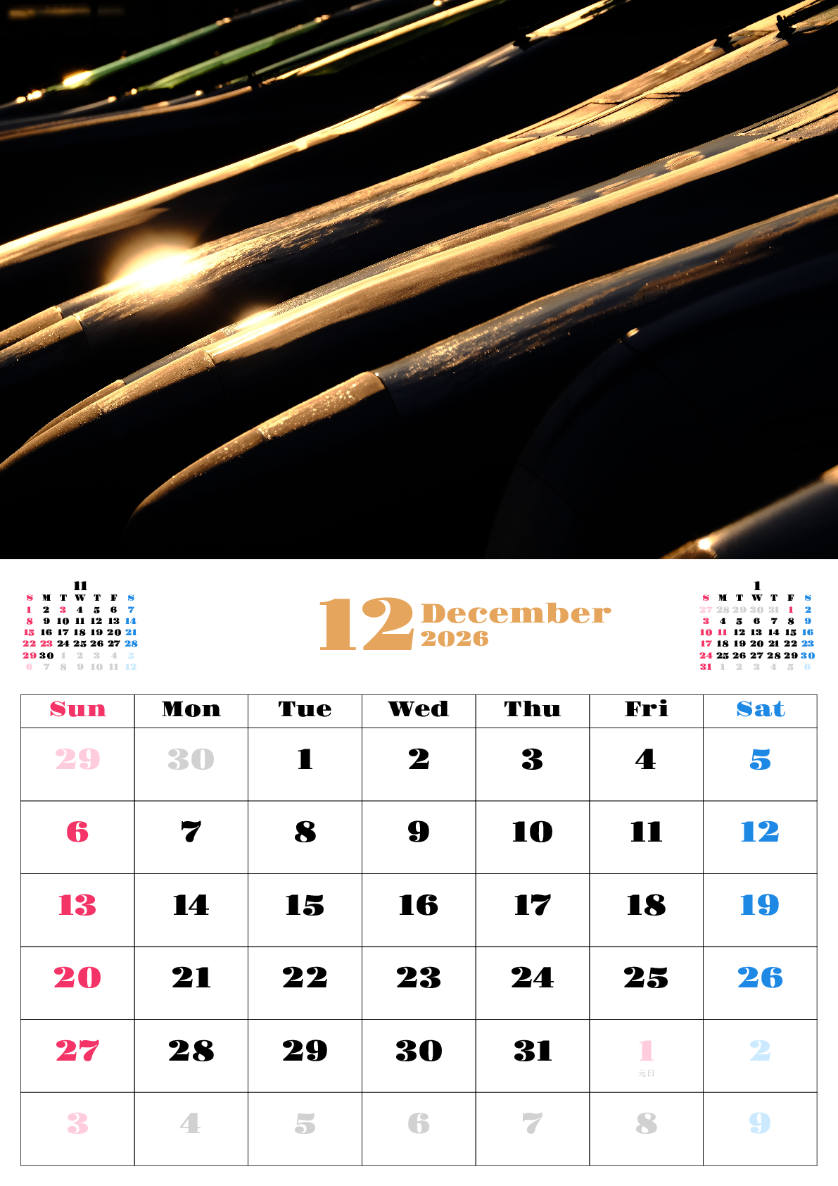 A判（A4,A5 など）,縦向き,１ヶ月,日曜始まり,祝日名入り,写真入り