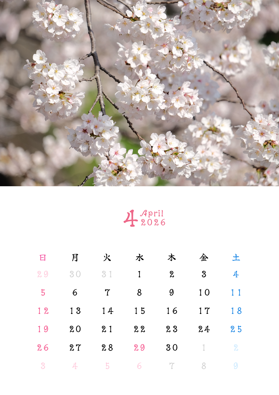 A判（A4,A5 など）,縦向き,１ヶ月,日曜始まり,写真入り