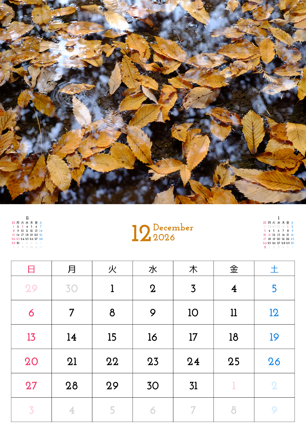 A判（A4,A5 など）,縦向き,１ヶ月,日曜始まり,写真入り