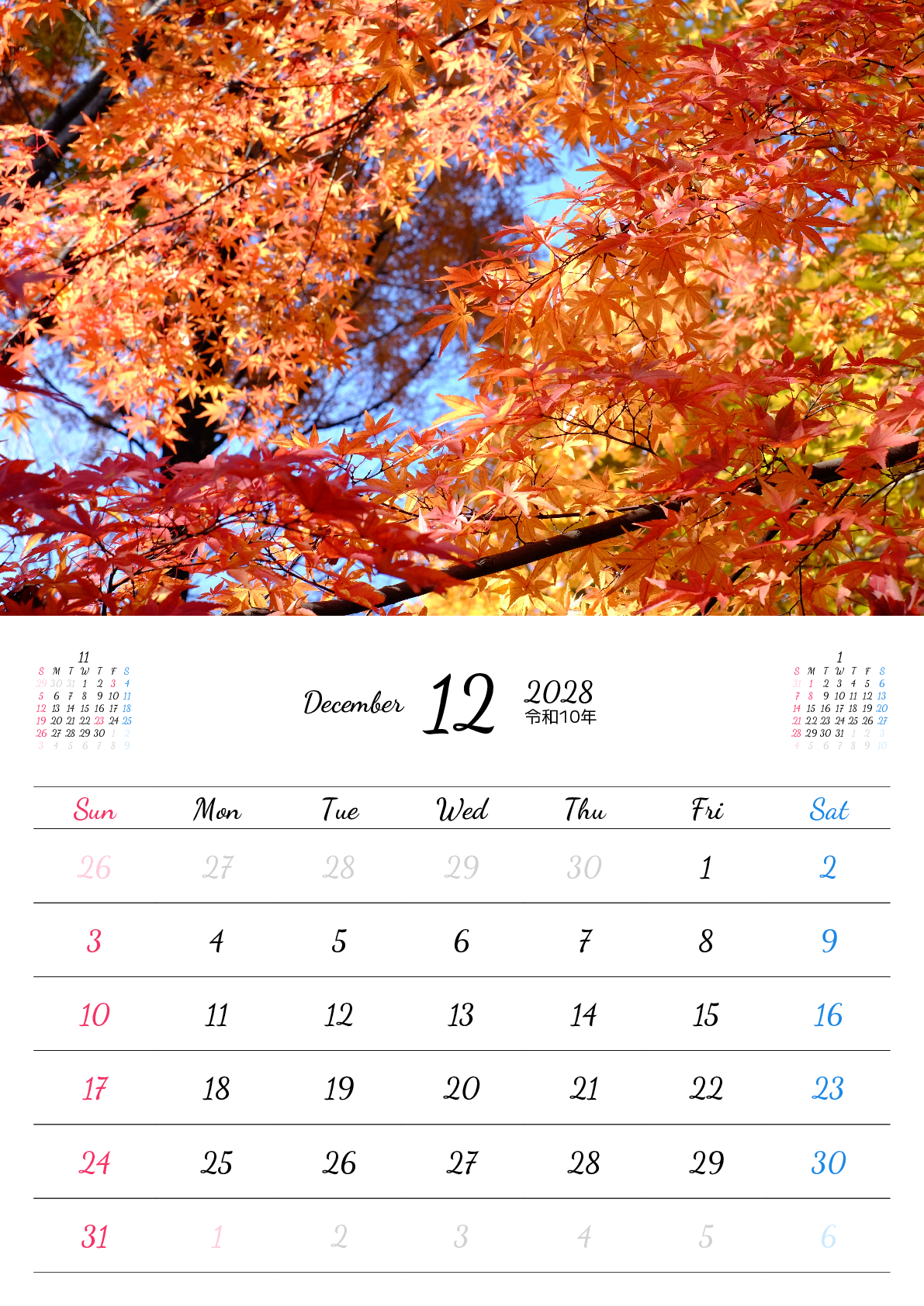 A判（A4,A5 など）,縦向き,１ヶ月,日曜始まり,写真入り