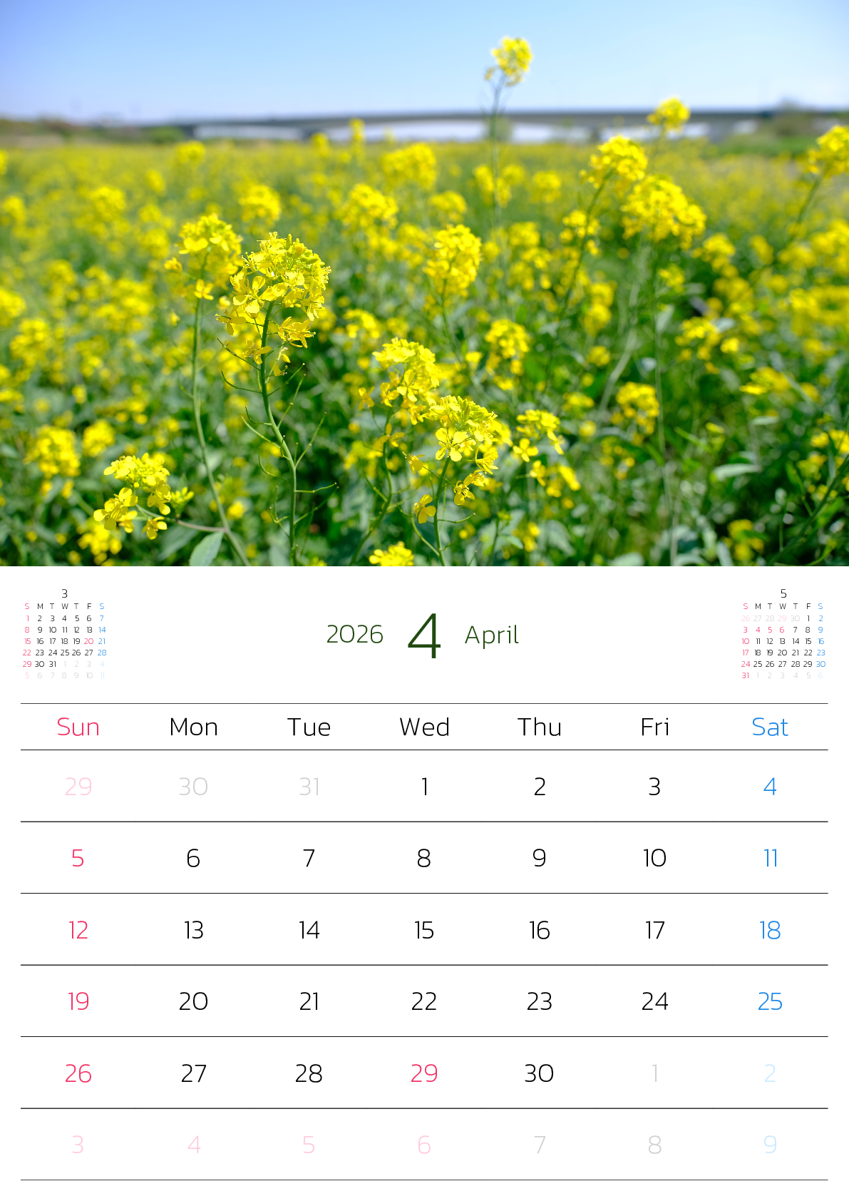 A判（A4,A5 など）,縦向き,１ヶ月,日曜始まり,写真入り