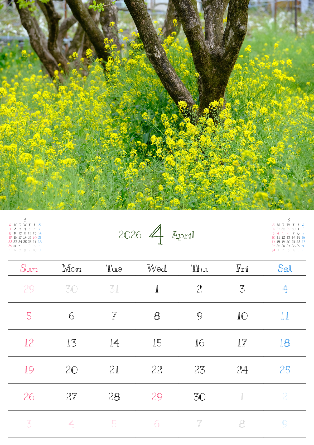 A判（A4,A5 など）,縦向き,１ヶ月,日曜始まり,写真入り