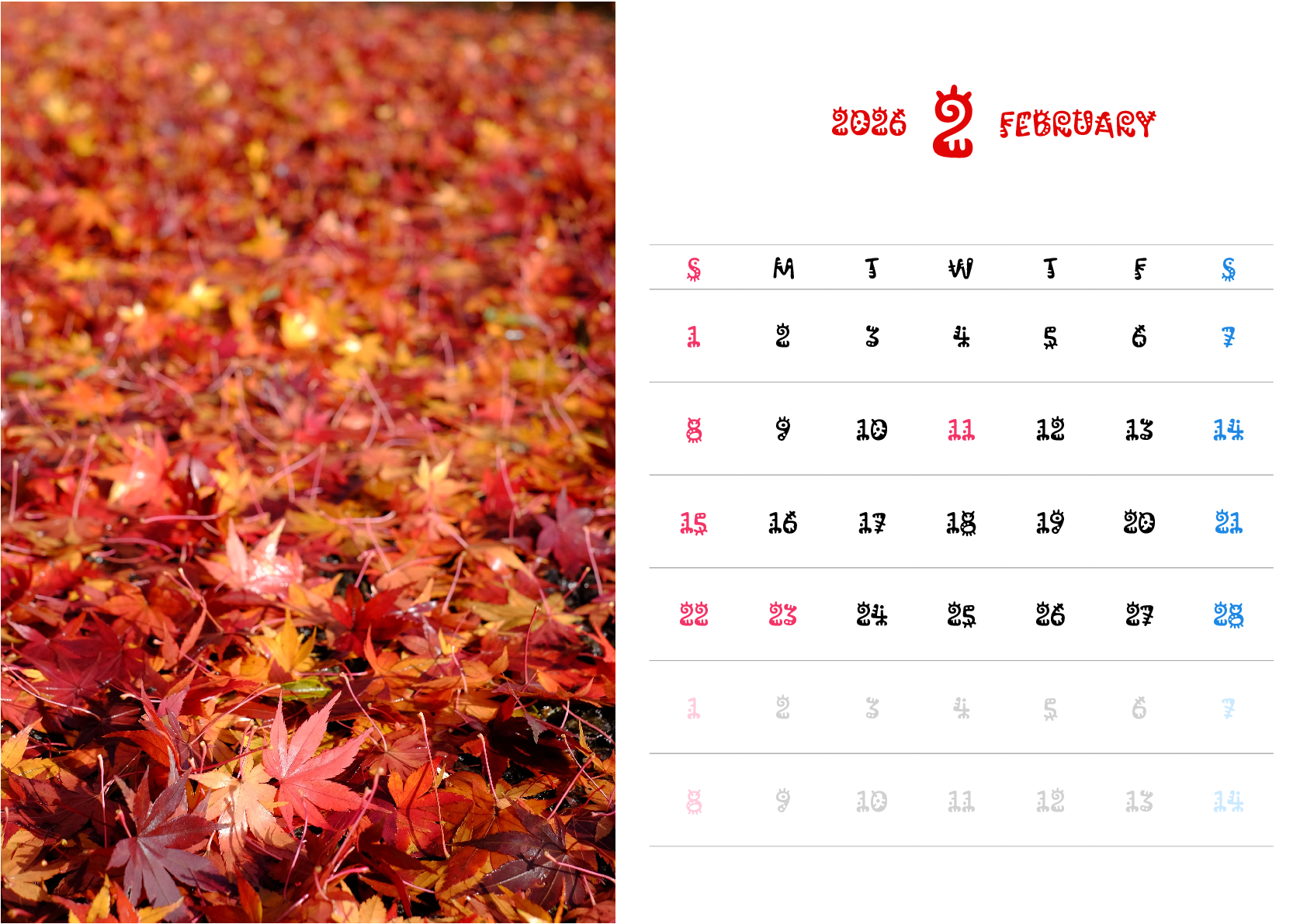 A判（A4,A5 など）,横向き,１ヶ月,日曜始まり,写真入り