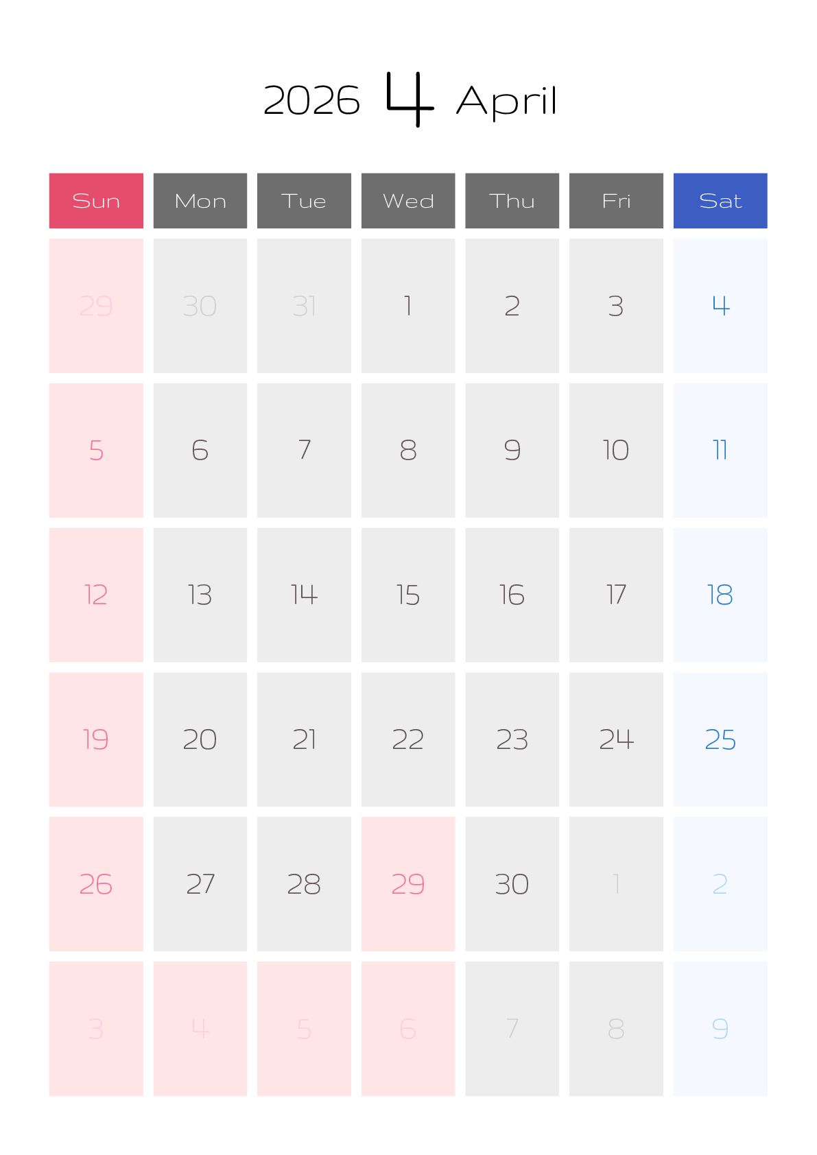 A判（A4,A5 など）,縦向き,１ヶ月,日曜始まり