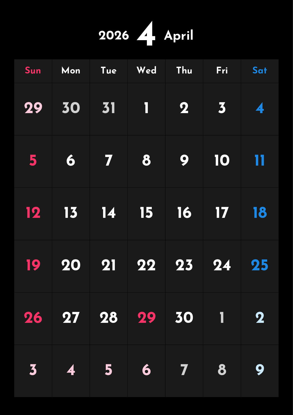 A判（A4,A5 など）,縦向き,１ヶ月,日曜始まり,背景色設定