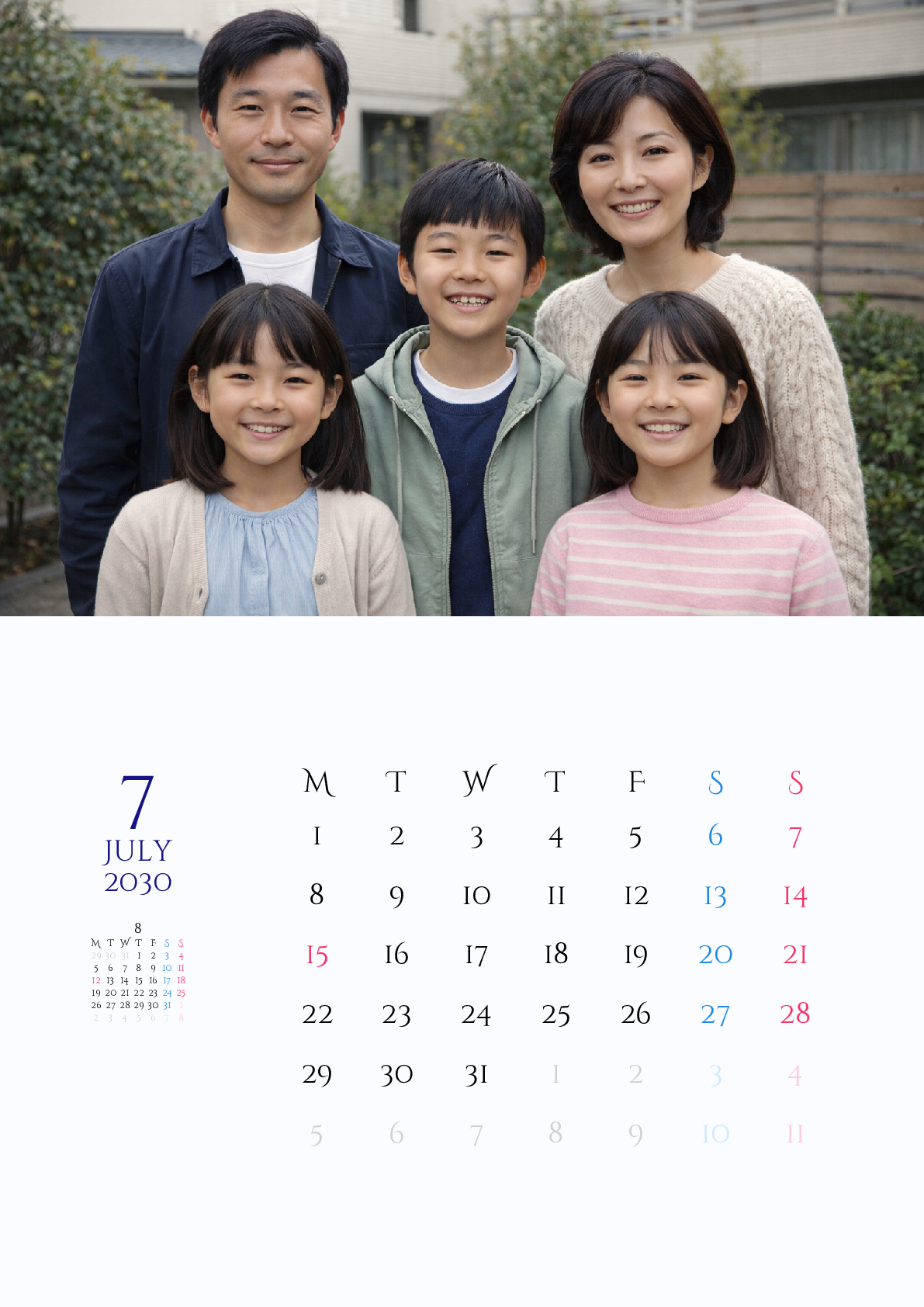 A判（A4,A5 など）,縦向き,１ヶ月,月曜始まり,背景色設定,写真入り