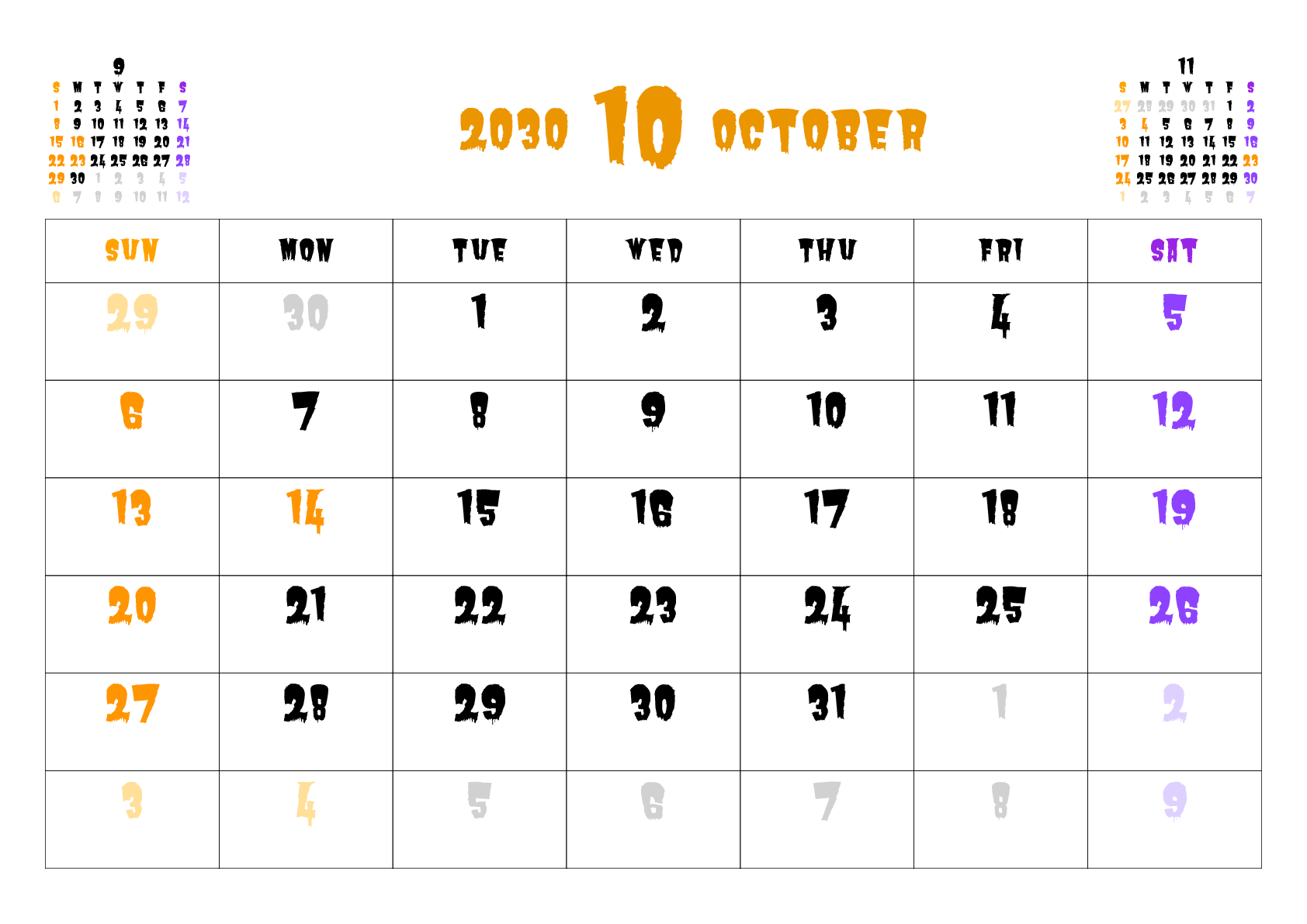 A判（A4,A5 など）,横向き,１ヶ月,日曜始まり