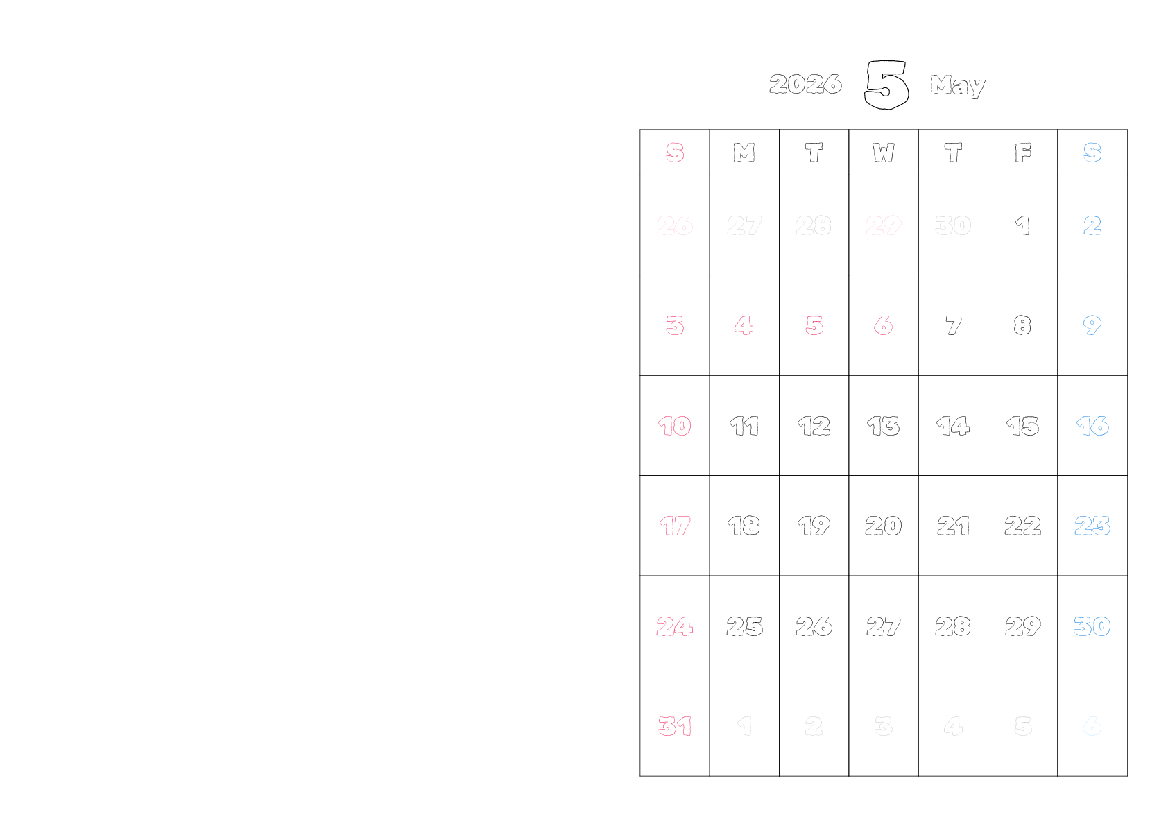 A判（A4,A5 など）,横向き,１ヶ月,日曜始まり,写真入り