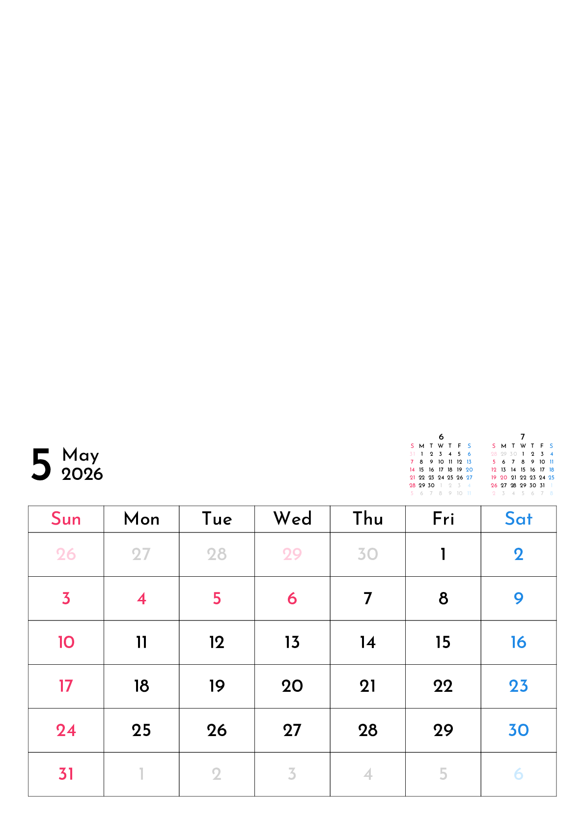 A判（A4,A5 など）,縦向き,１ヶ月,日曜始まり,写真入り