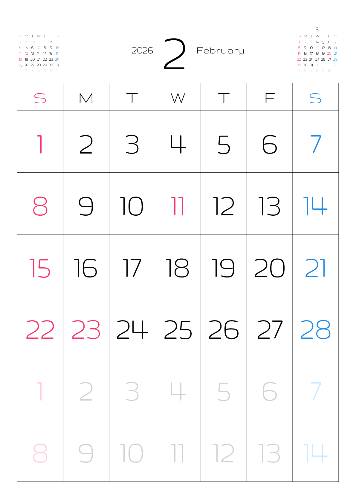 A判（A4,A5 など）,縦向き,１ヶ月,日曜始まり