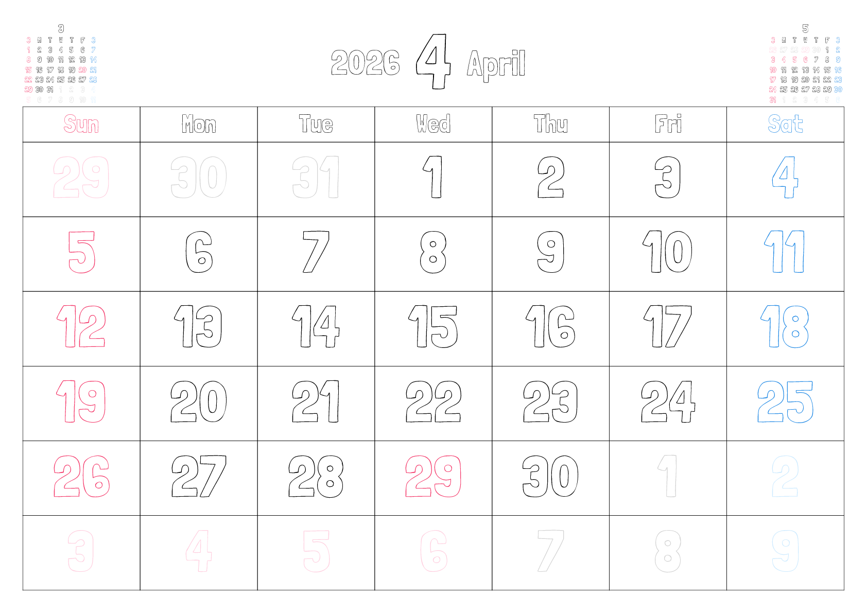 A判（A4,A5 など）,横向き,１ヶ月,日曜始まり