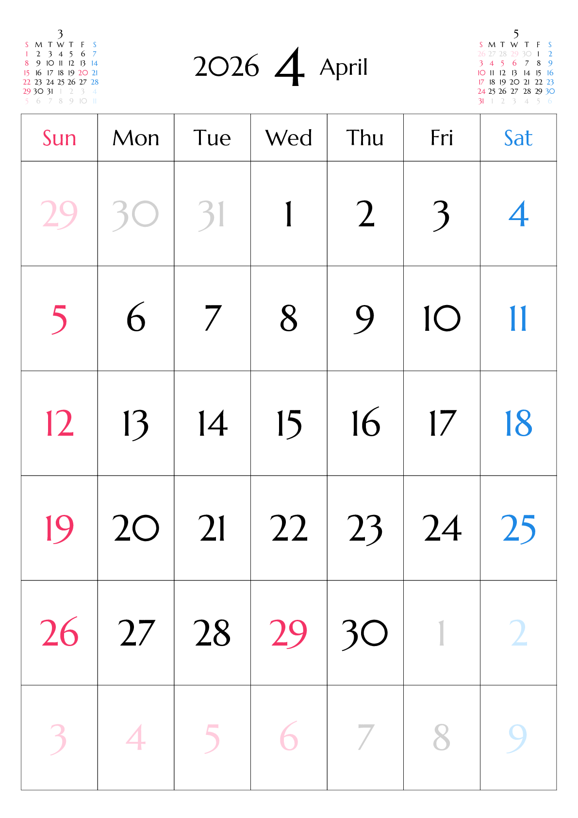 A判（A4,A5 など）,縦向き,１ヶ月,日曜始まり