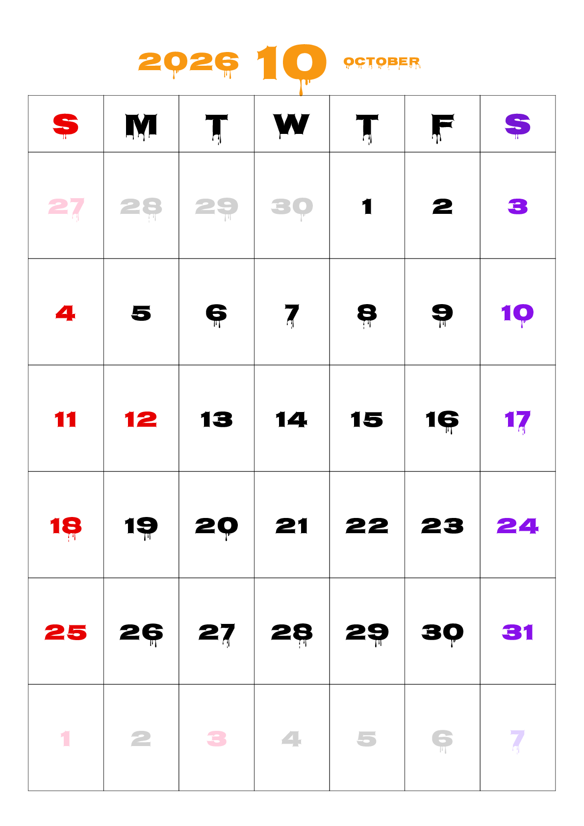 A判（A4,A5 など）,縦向き,１ヶ月,日曜始まり