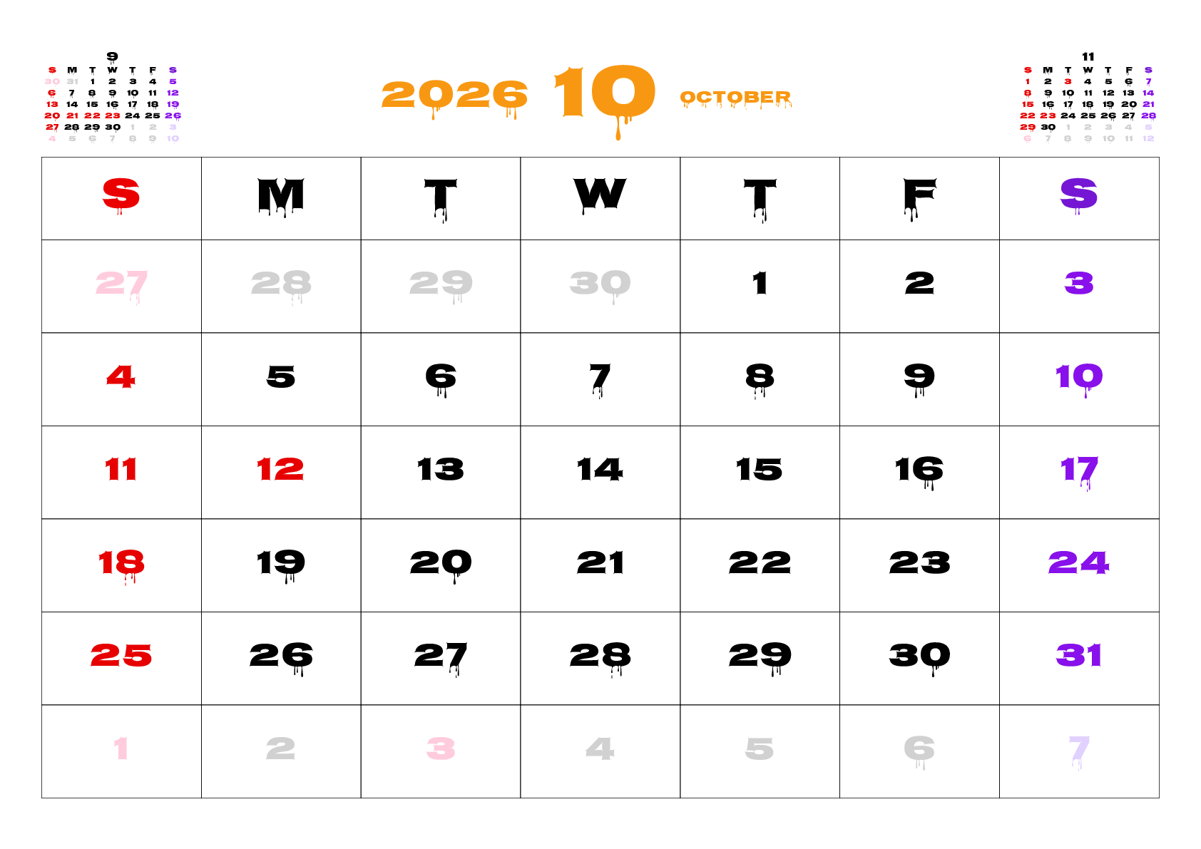 A判（A4,A5 など）,横向き,１ヶ月,日曜始まり