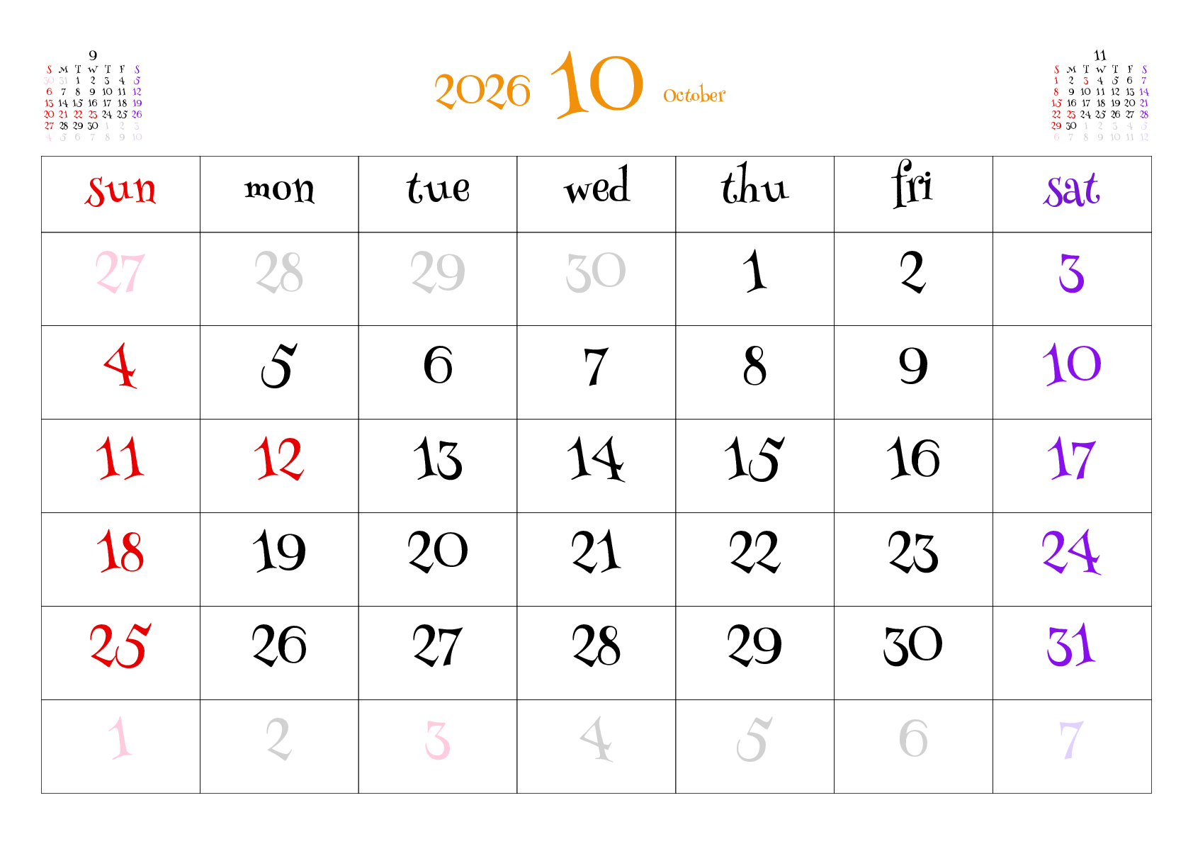 A判（A4,A5 など）,横向き,１ヶ月,日曜始まり