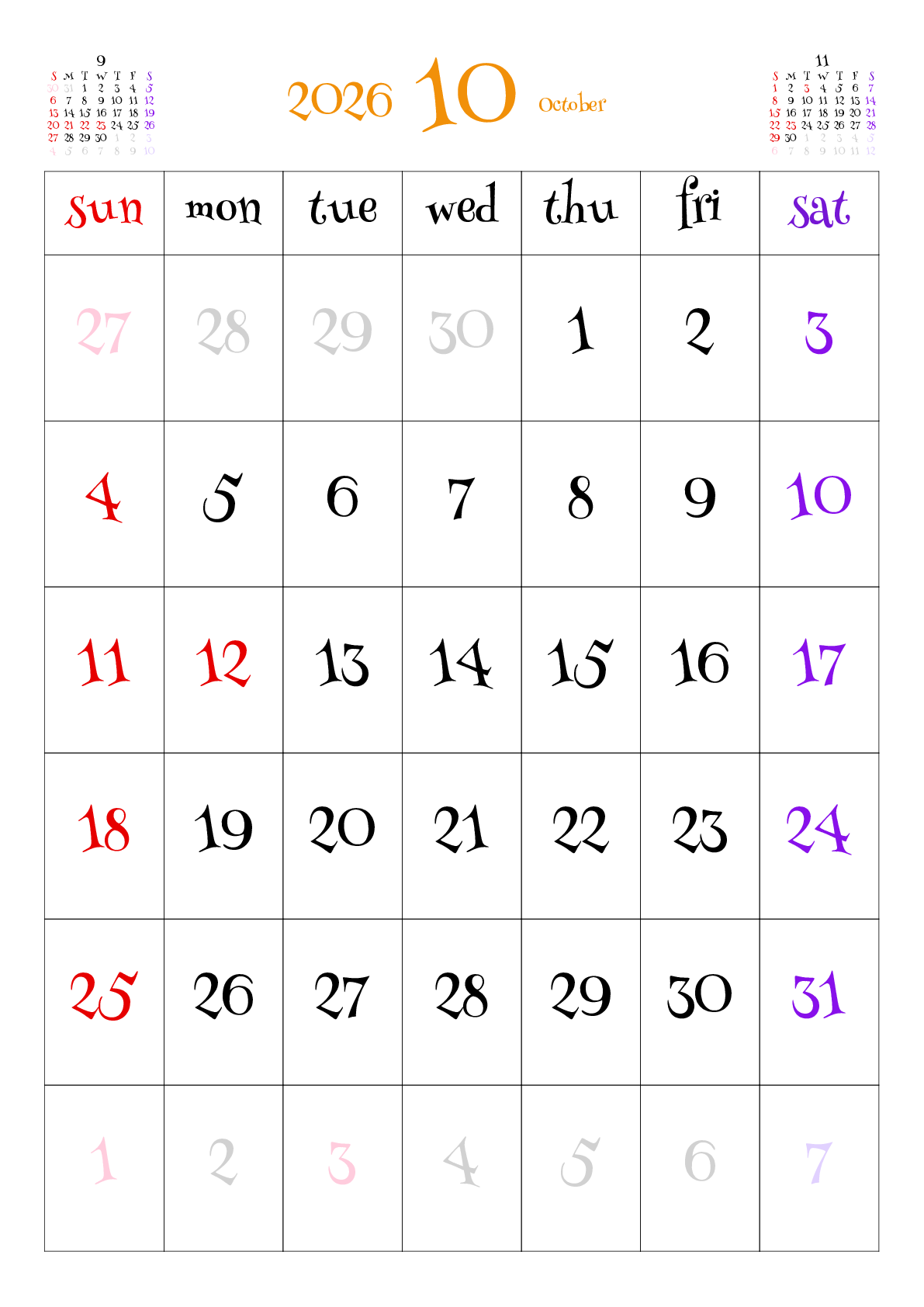 A判（A4,A5 など）,縦向き,１ヶ月,日曜始まり