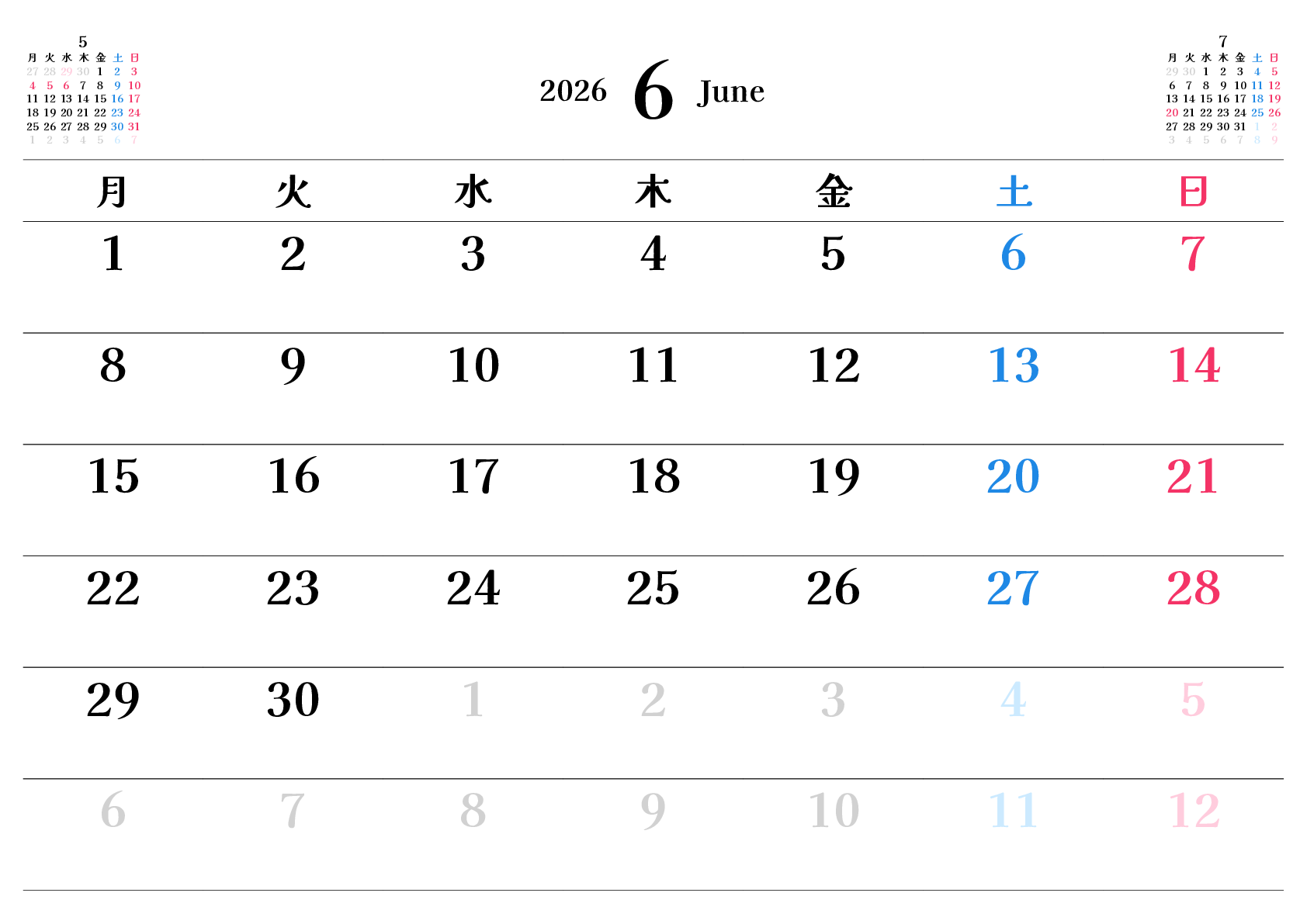 A判（A4,A5 など）,横向き,１ヶ月,月曜始まり,祝日名入り