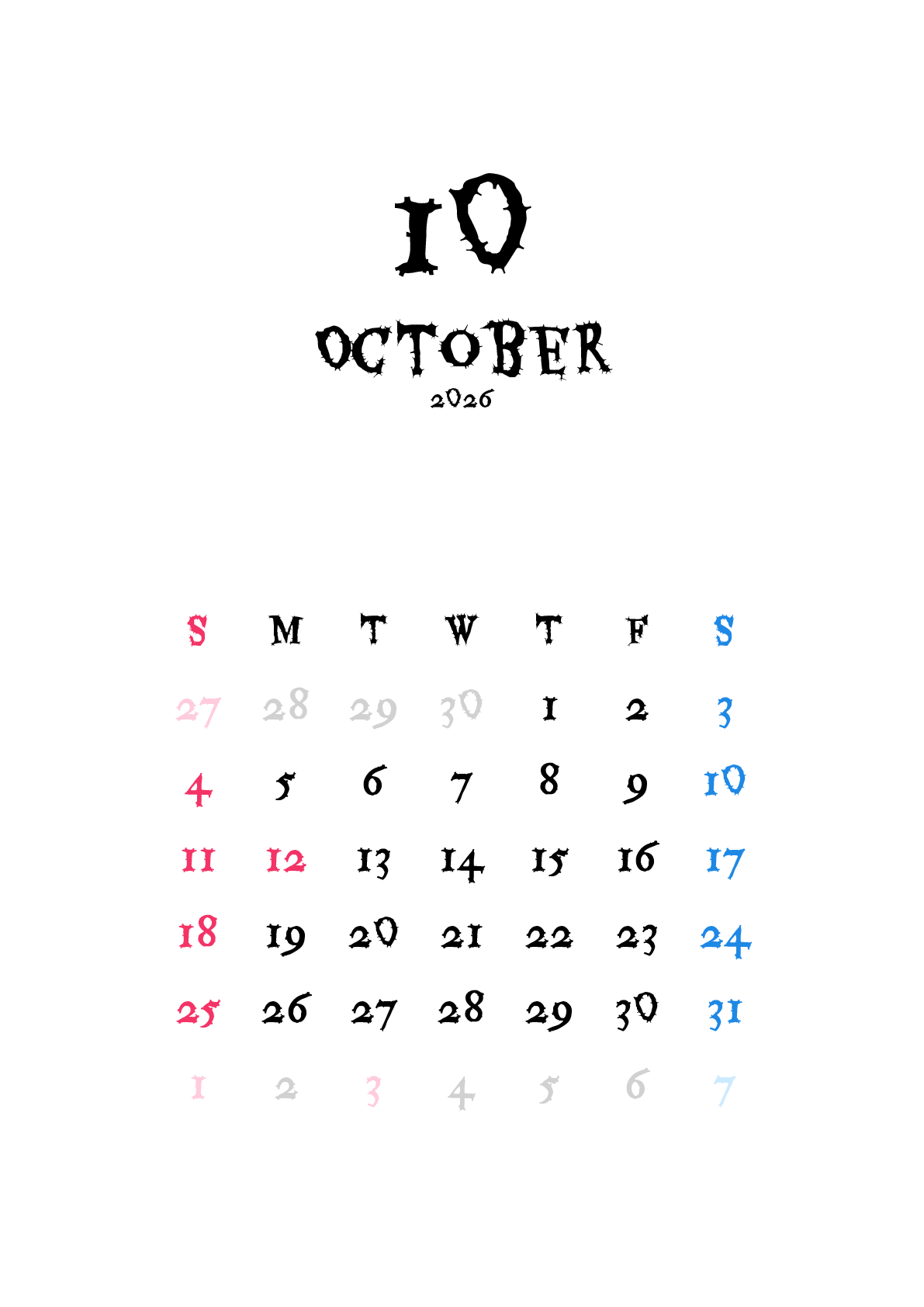 A判（A4,A5 など）,縦向き,１ヶ月,日曜始まり,祝日名入り