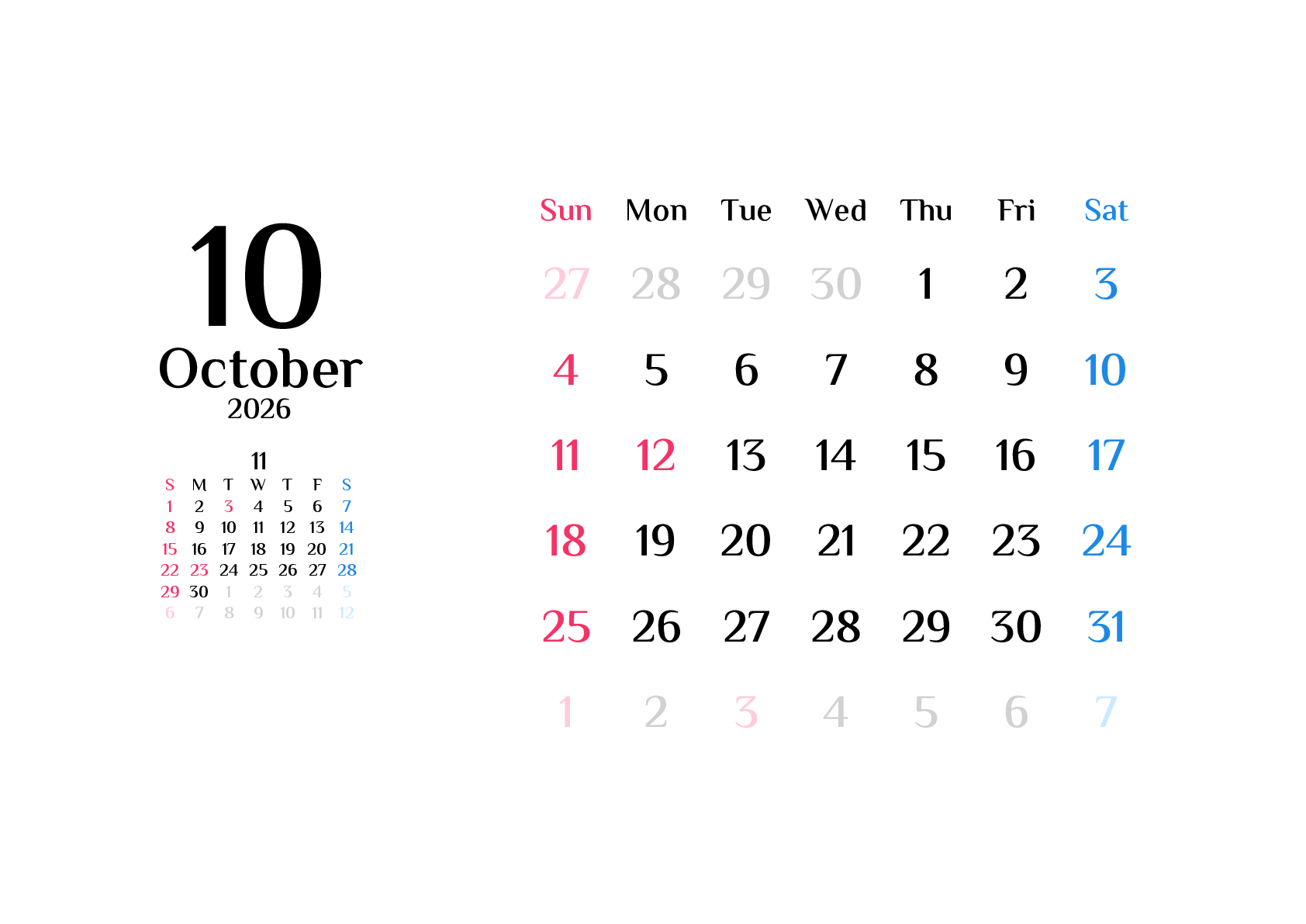 A判（A4,A5 など）,横向き,１ヶ月,日曜始まり,祝日名入り