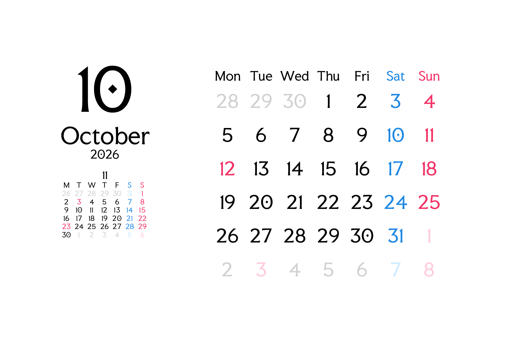 A判（A4,A5 など）,横向き,１ヶ月,月曜始まり,祝日名入り