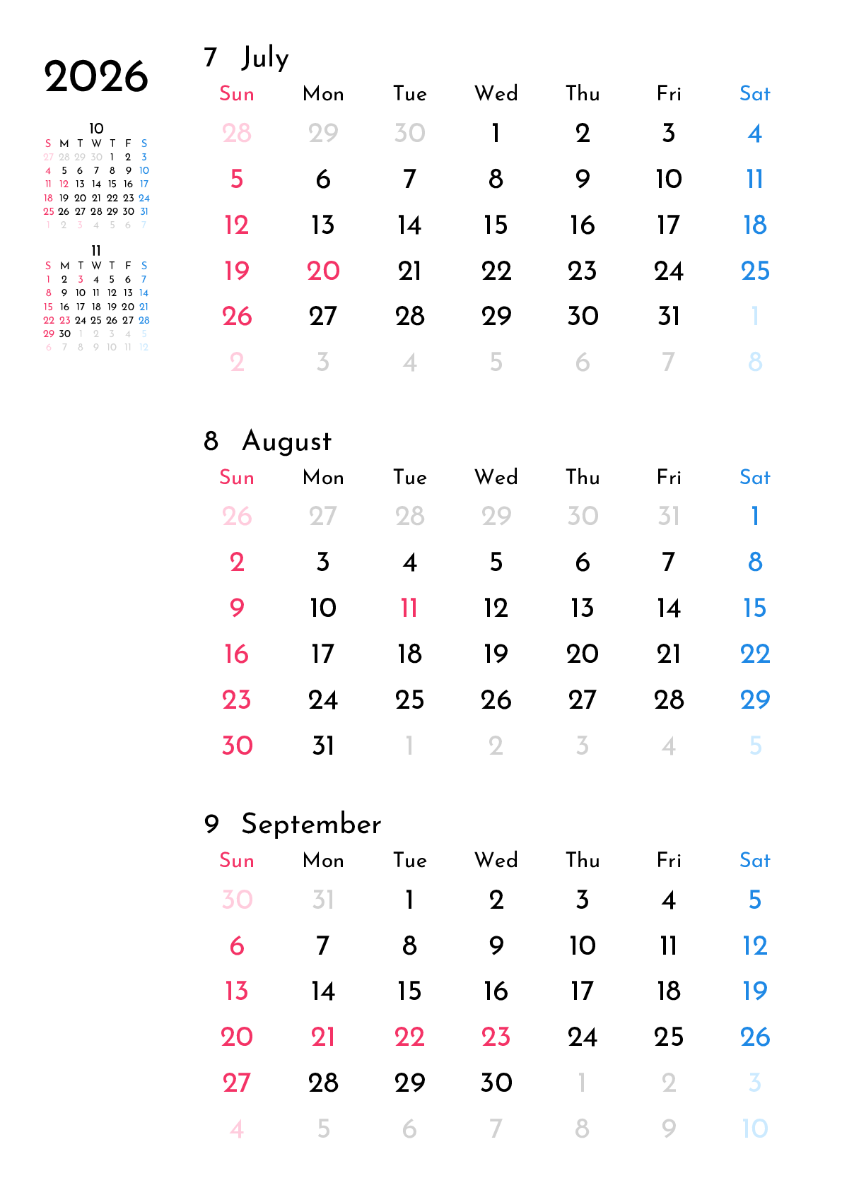 A判（A4,A5 など）,縦向き,３ヶ月,日曜始まり,祝日名入り