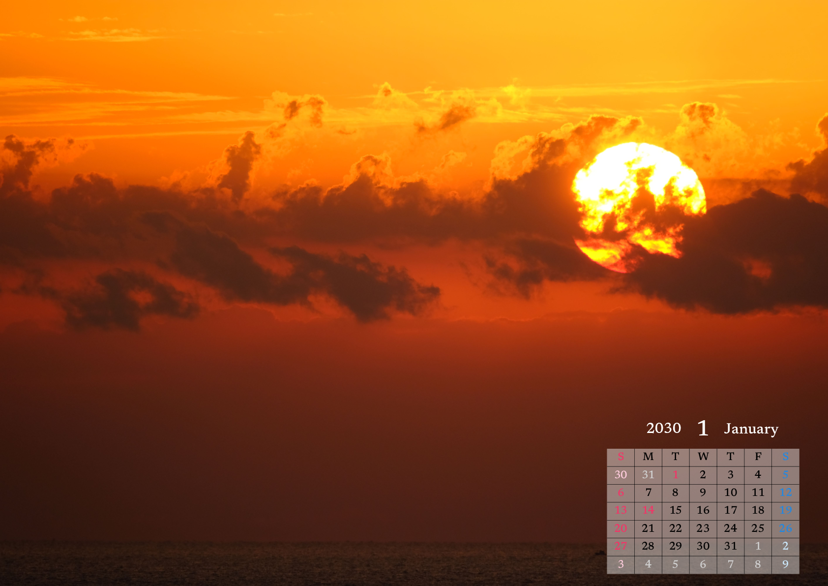 A判（A4,A5 など）,横向き,１ヶ月,日曜始まり,背景全面写真入り