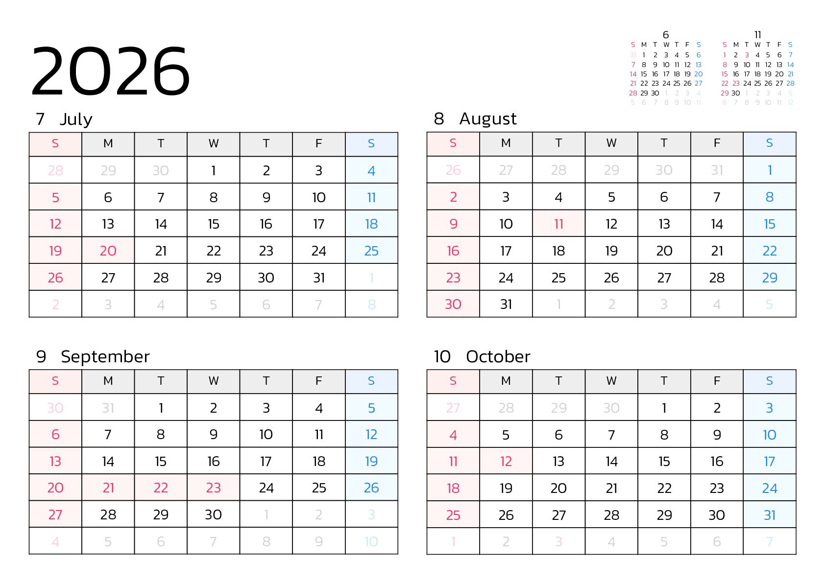 A判（A4,A5 など）,横向き,４ヶ月,日曜始まり,祝日名,六曜入り