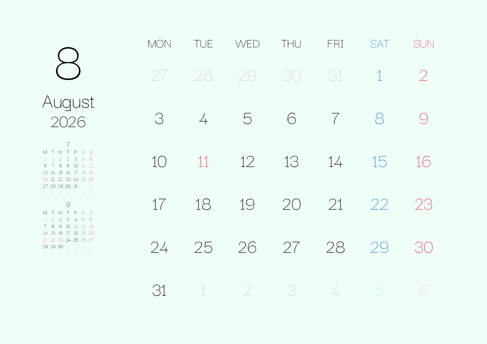 A判（A4,A5 など）,横向き,１ヶ月,月曜始まり,祝日名入り,背景色設定