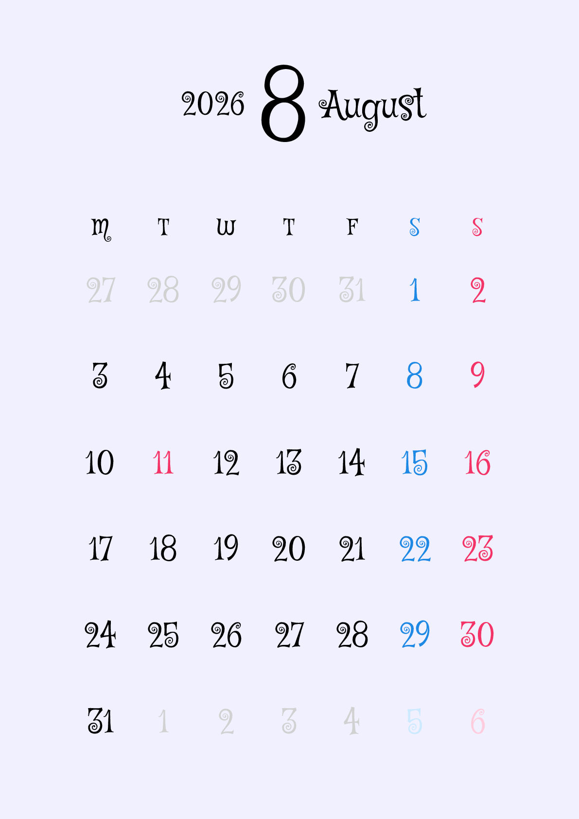 A判（A4,A5 など）,縦向き,１ヶ月,月曜始まり,祝日名入り,背景色設定