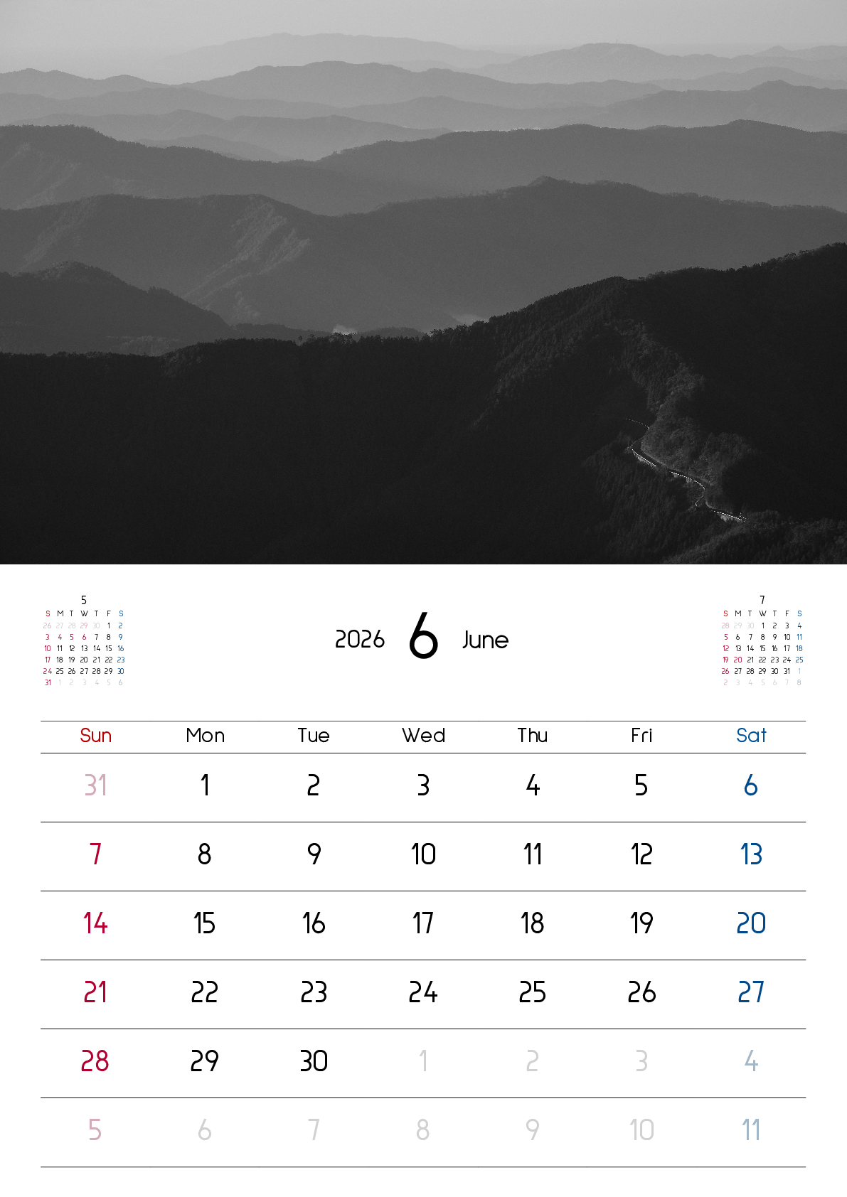 A判（A4,A5 など）,縦向き,１ヶ月,日曜始まり,写真入り